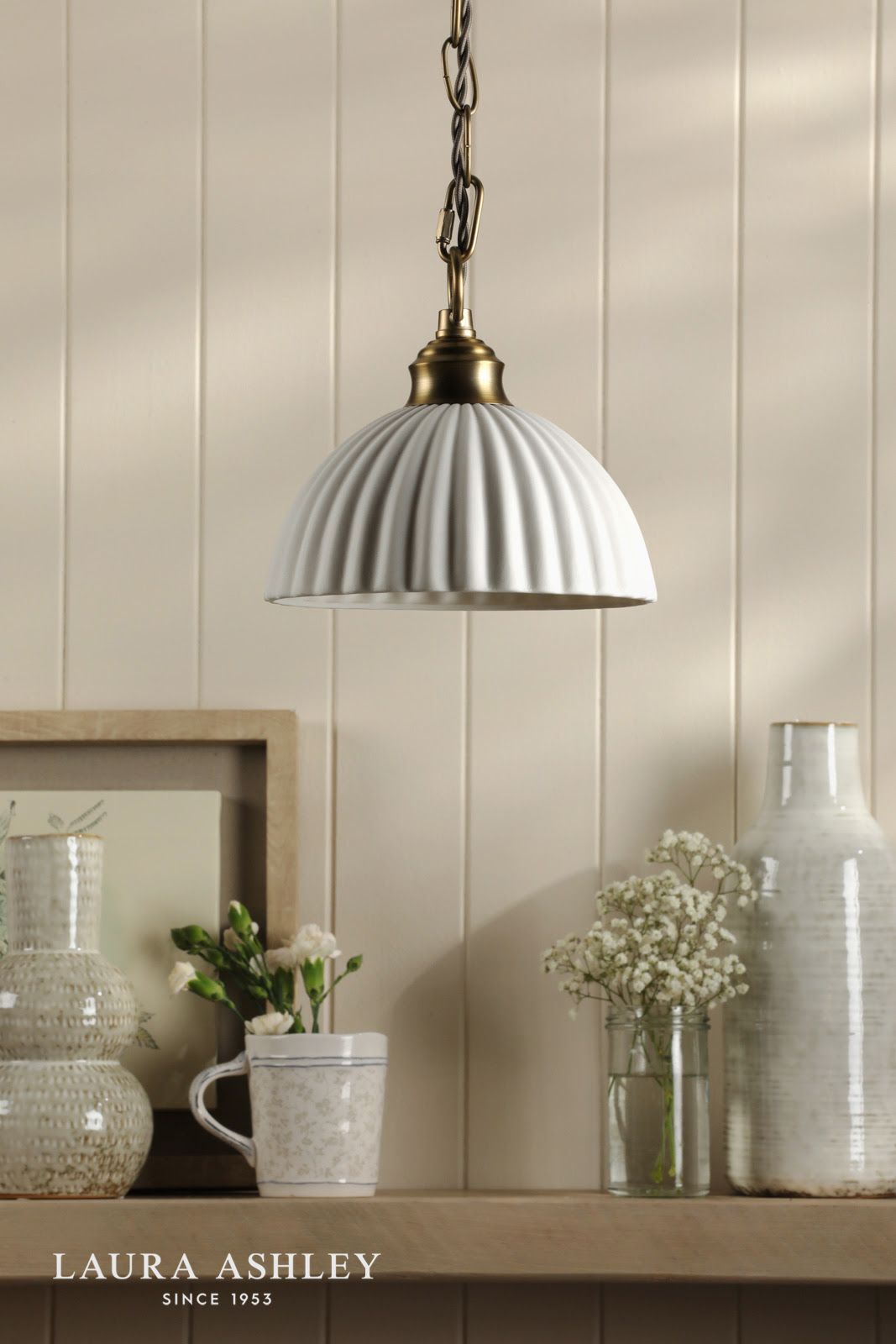 Laura Ashley Durford Small Pendant Matt Antique Brass and White