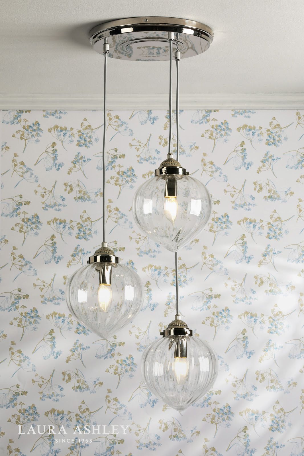 Laura Ashley Whitham 3 Light Cluster Pendant Polished Nickel and Ribbed Glass