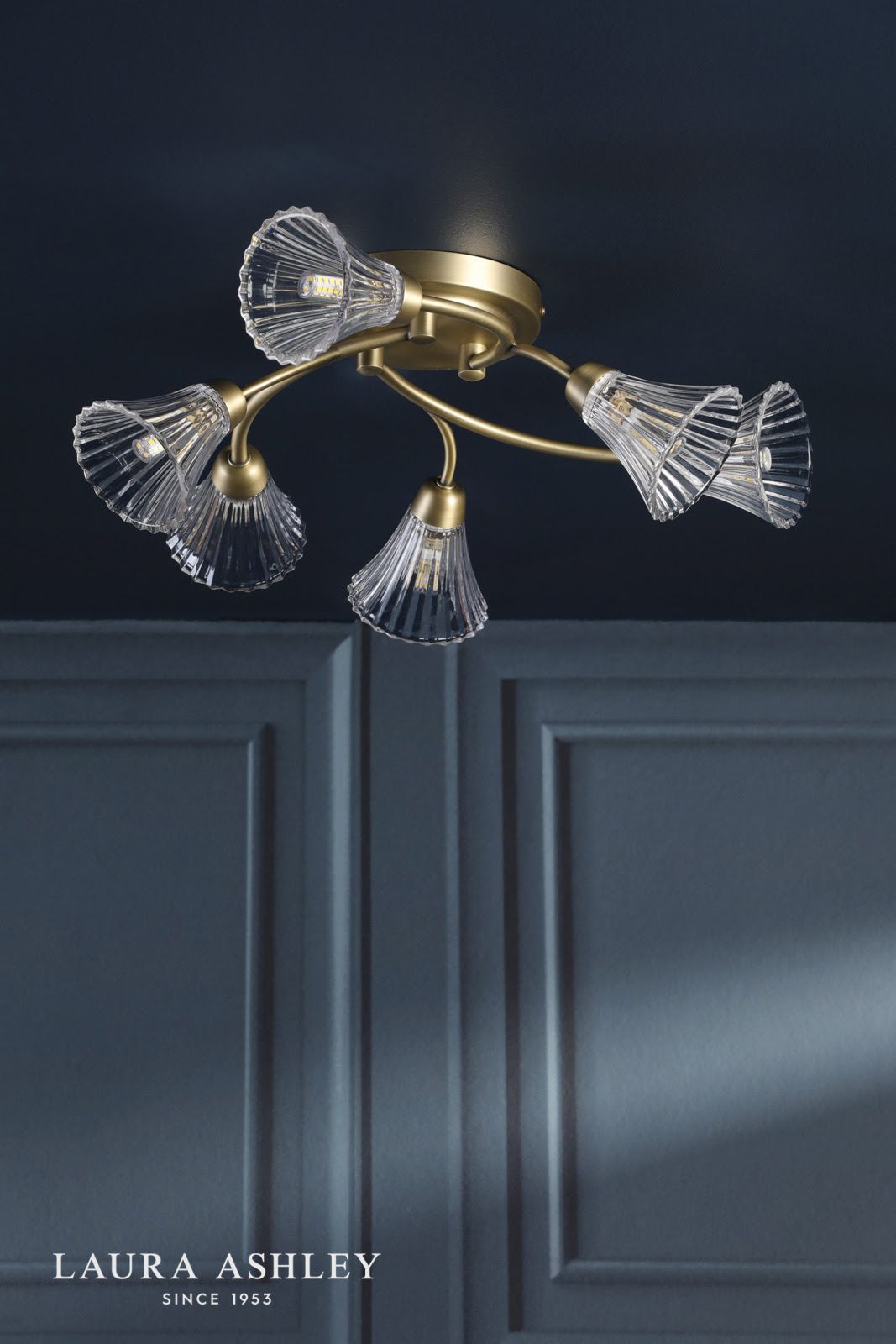 Laura Ashley Lanton 6 Light Semi-Flush Matt Antique Brass and Ribbed Glass