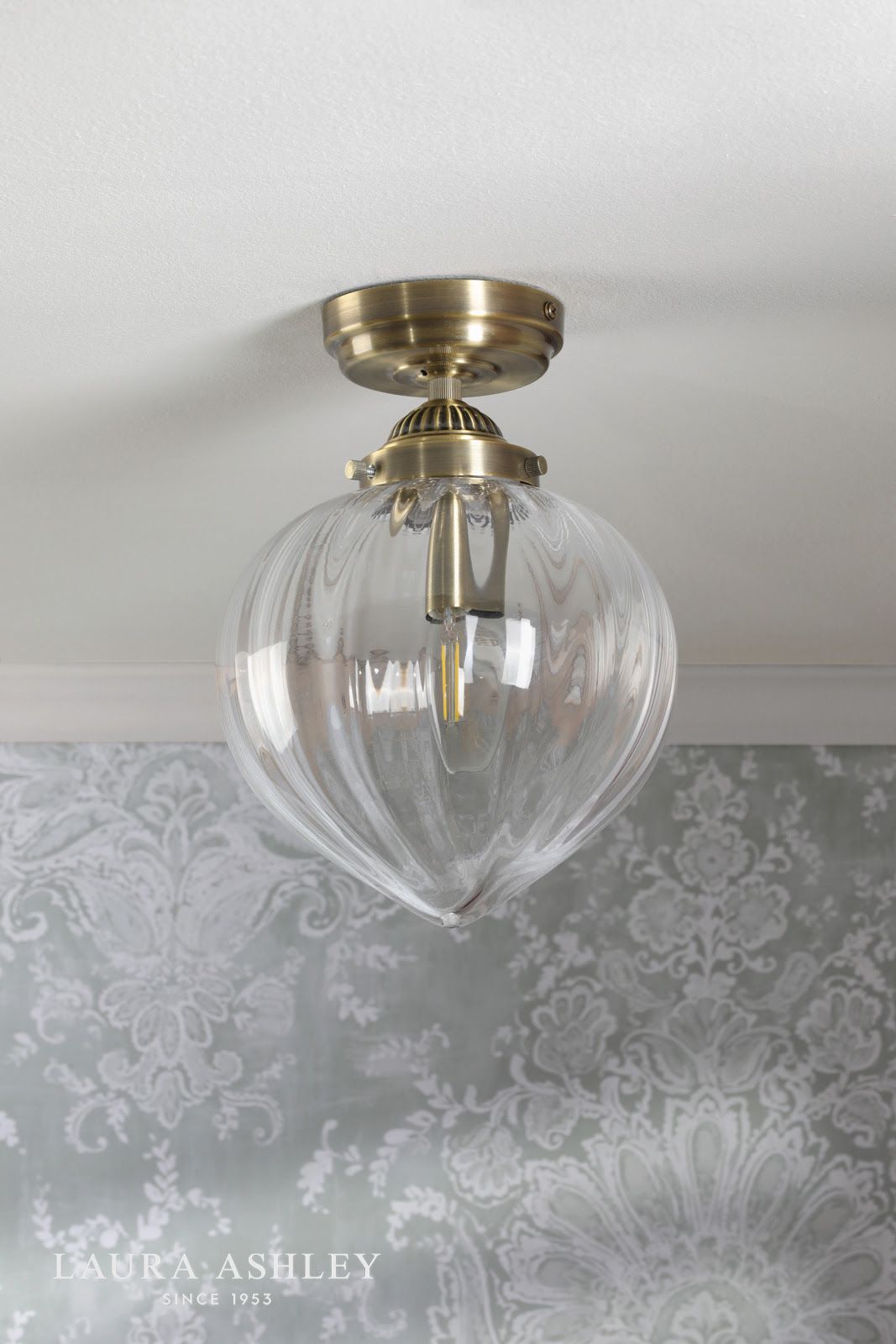 Laura Ashley Whitham Bathroom Ceiling Light Antique Brass and Ribbed Glass IP44
