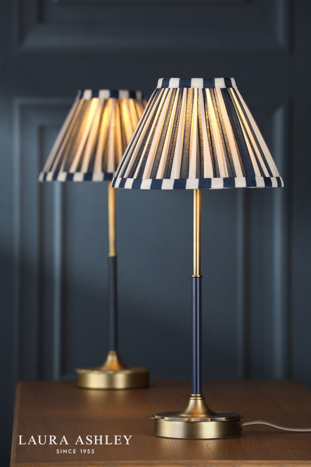 Laura Ashley Denwick Table Lamp Matt Antique Brass and Satin Blue With Shade