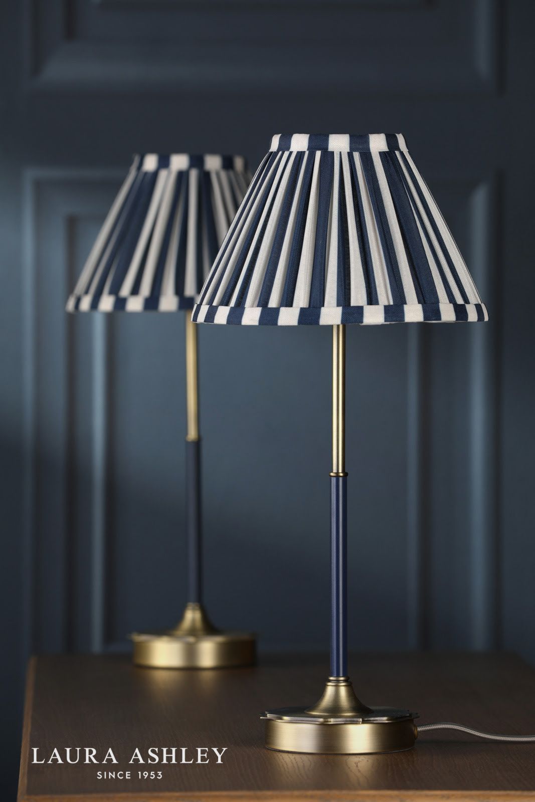 Laura Ashley Denwick Table Lamp Matt Antique Brass and Satin Blue With Shade