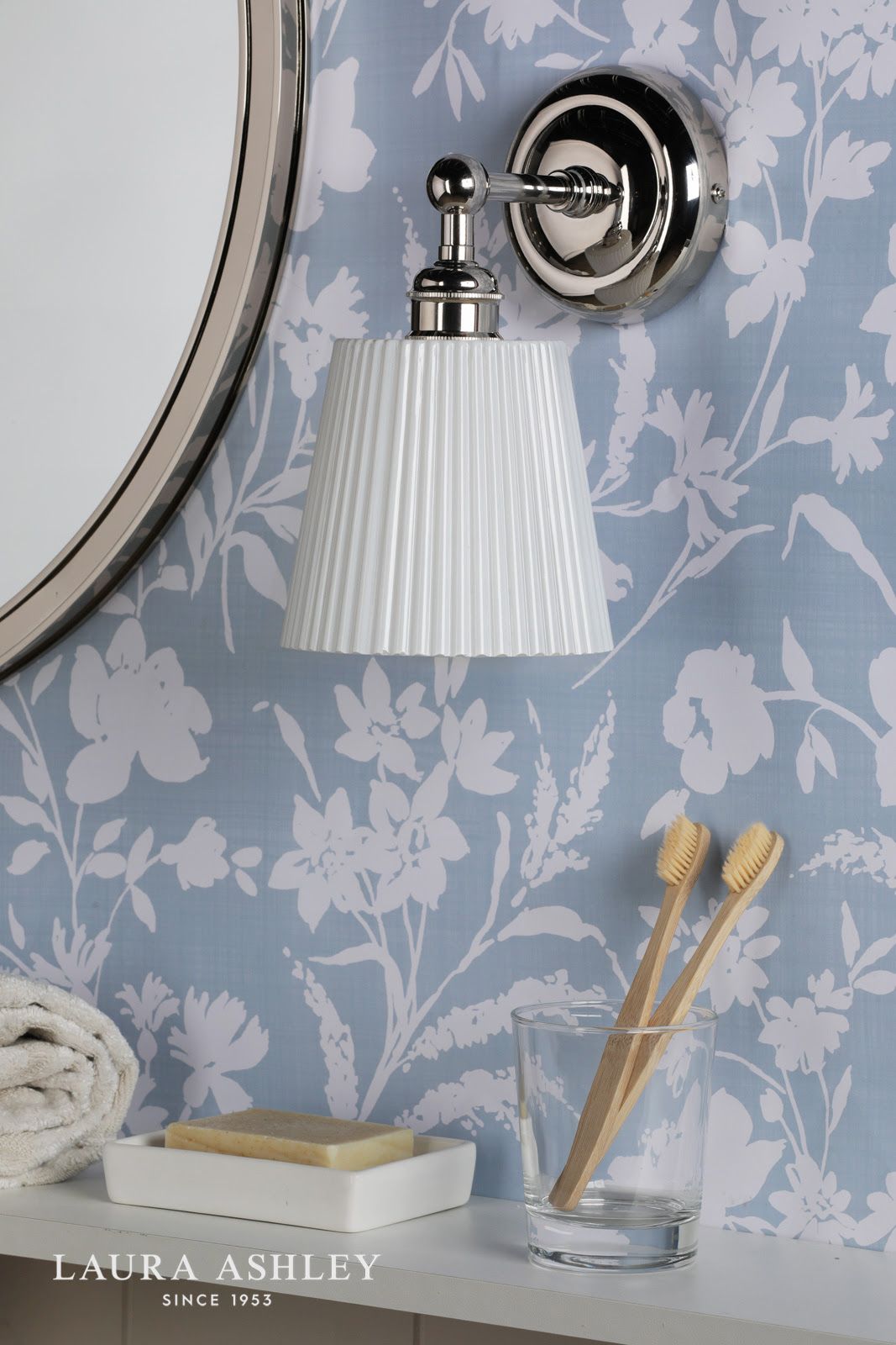 Laura Ashley Callaghan Bathroom Wall Light Polished Nickel and White Ribbed Glass IP44