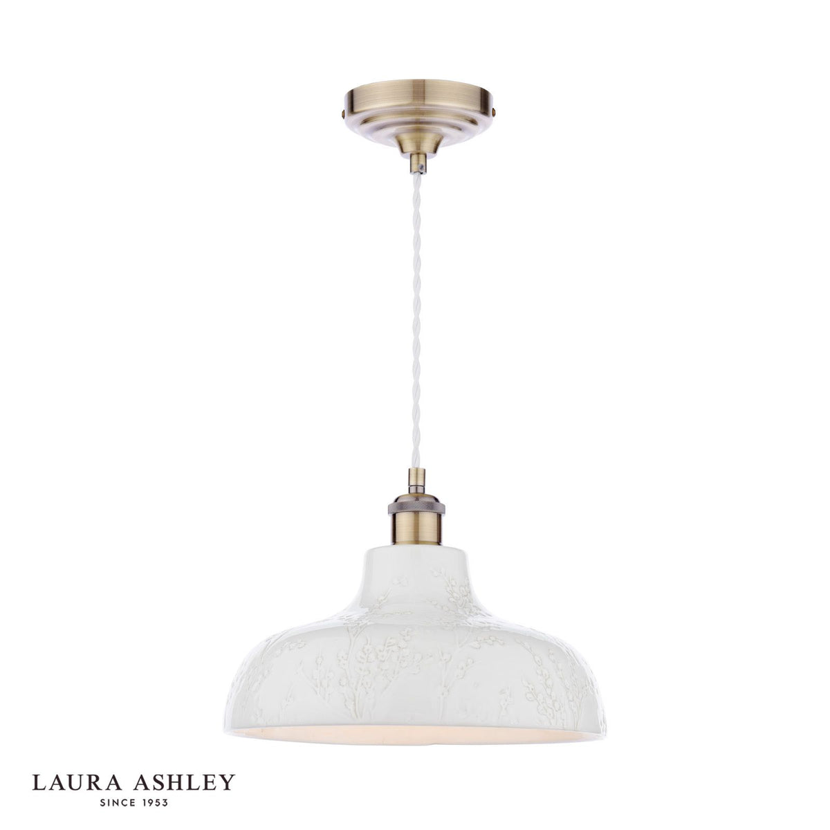 Laura Ashley Pussywillow Pendant Antique Brass and White Ceramic