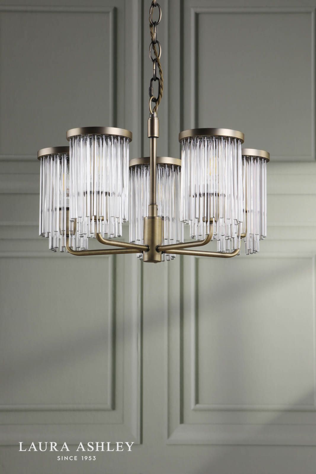 Laura Ashley Hilcote 5 Light Armed Pendant Matt Antique Brass and Glass