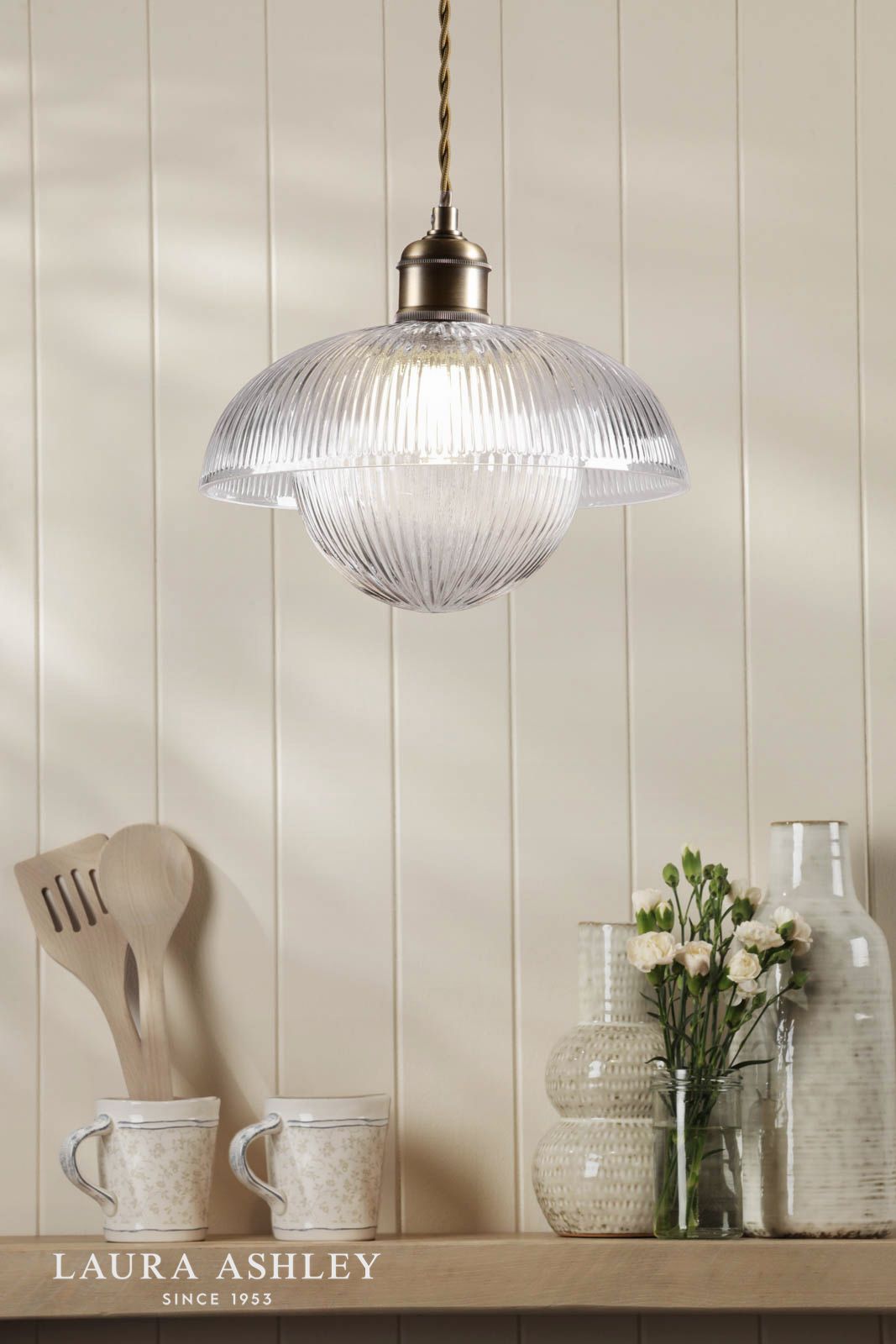Laura Ashley Billham Pendant Matt Antique Brass and Ribbed Glass