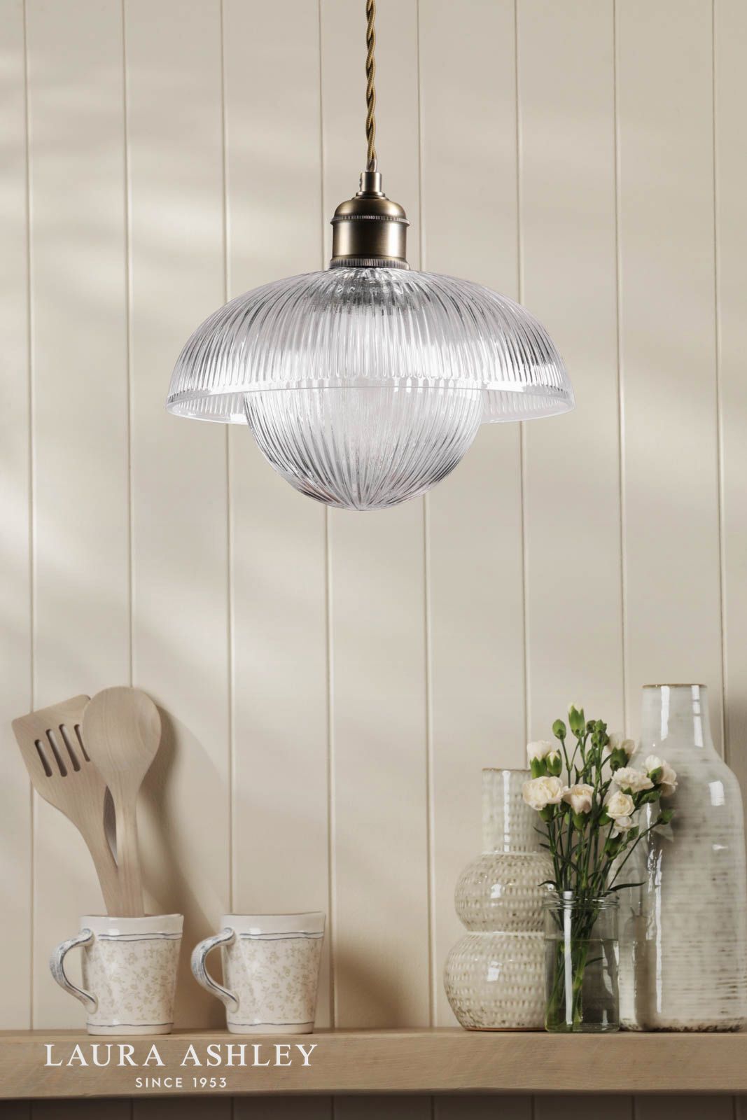 Laura Ashley Billham Pendant Matt Antique Brass and Ribbed Glass