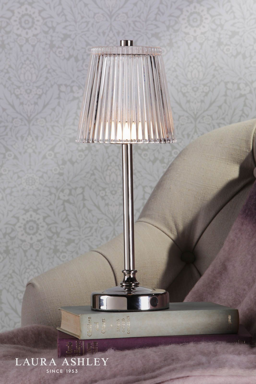 Laura Ashley Callaghan Rechargeable Table Lamp Polished Nickel and Ribbed Glass LED