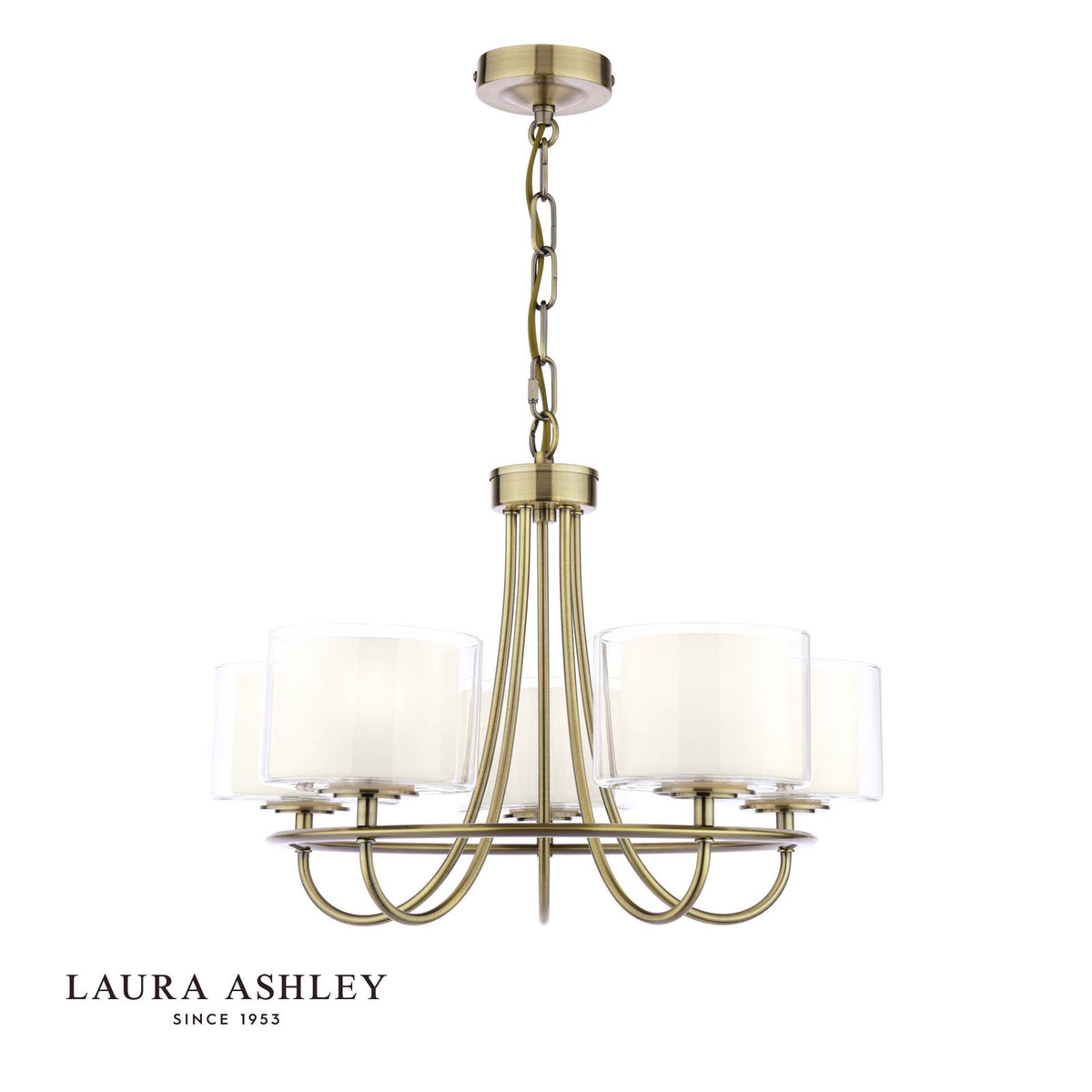 Laura Ashley Southwell 5 Light Armed Pendant Antique Brass and Opal Glass