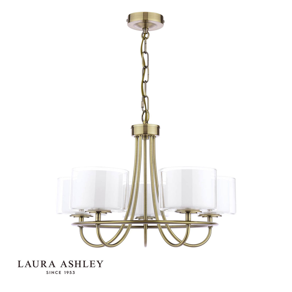 Laura Ashley Southwell 5 Light Armed Pendant Antique Brass and Opal Glass