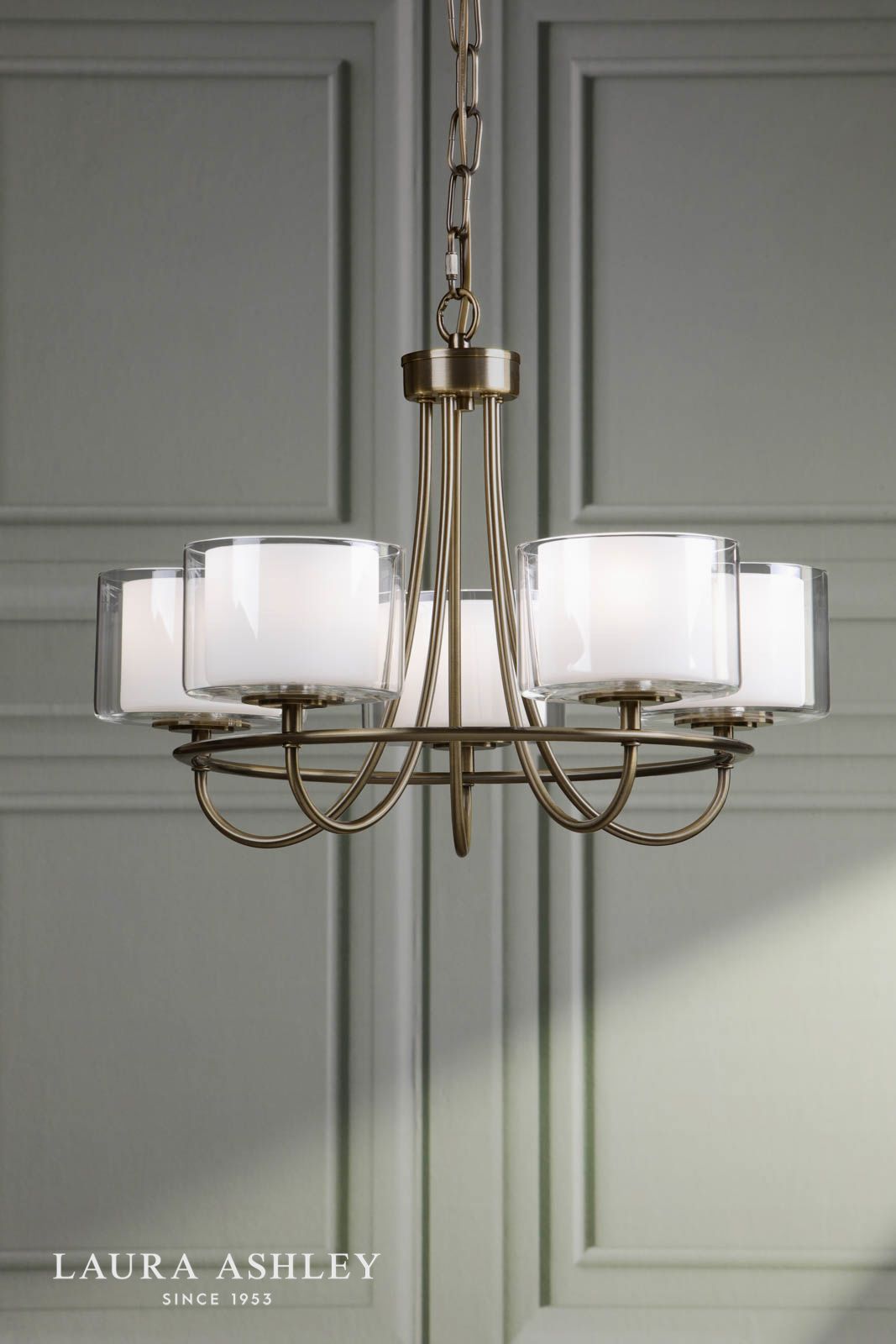 Laura Ashley Southwell 5 Light Armed Pendant Antique Brass and Opal Glass