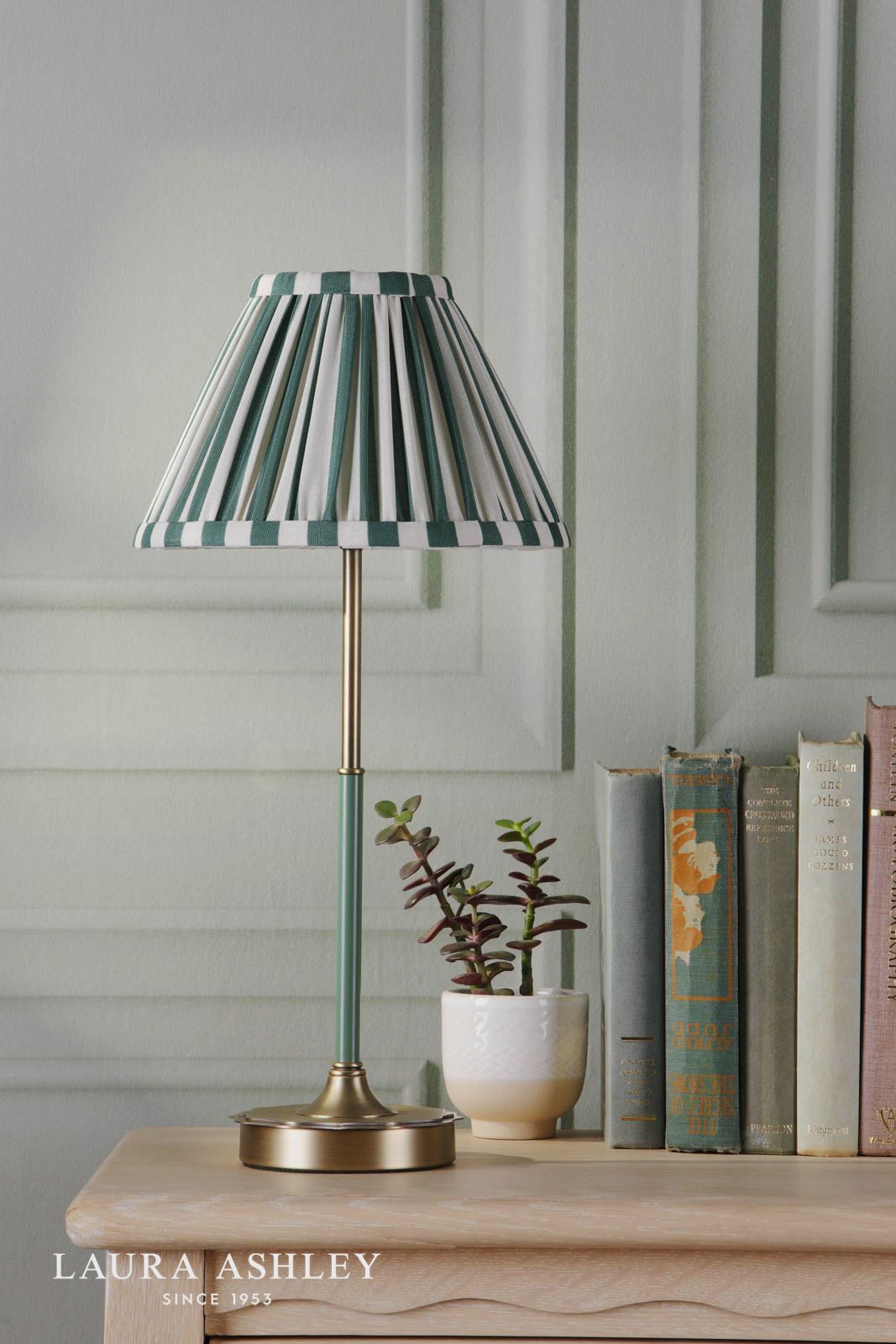 Laura Ashley Denwick Table Lamp Matt Antique Brass and Satin Green With Shade