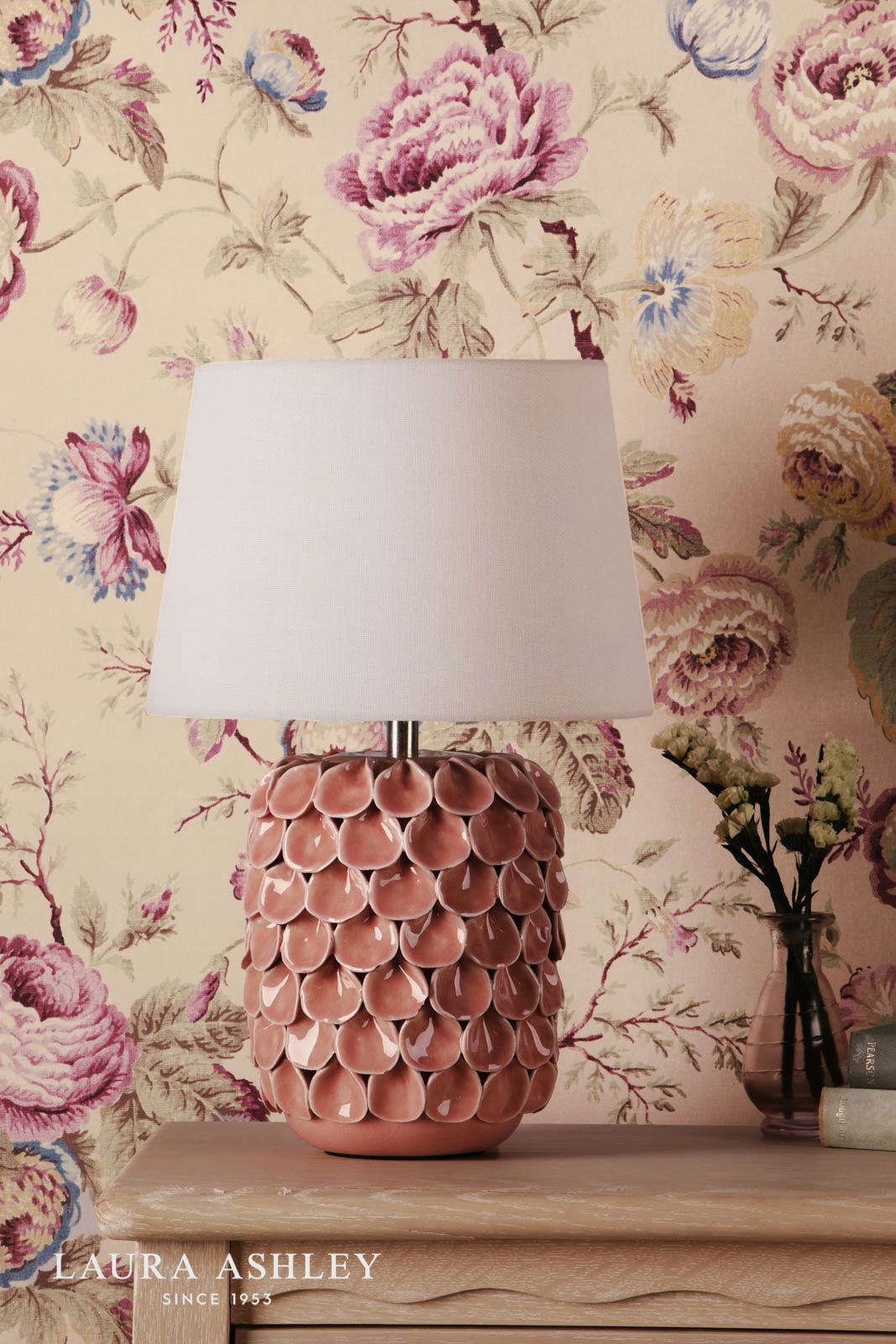 Laura Ashley Marwick Table Lamp Pink Ceramic and Brushed Silver With Shade