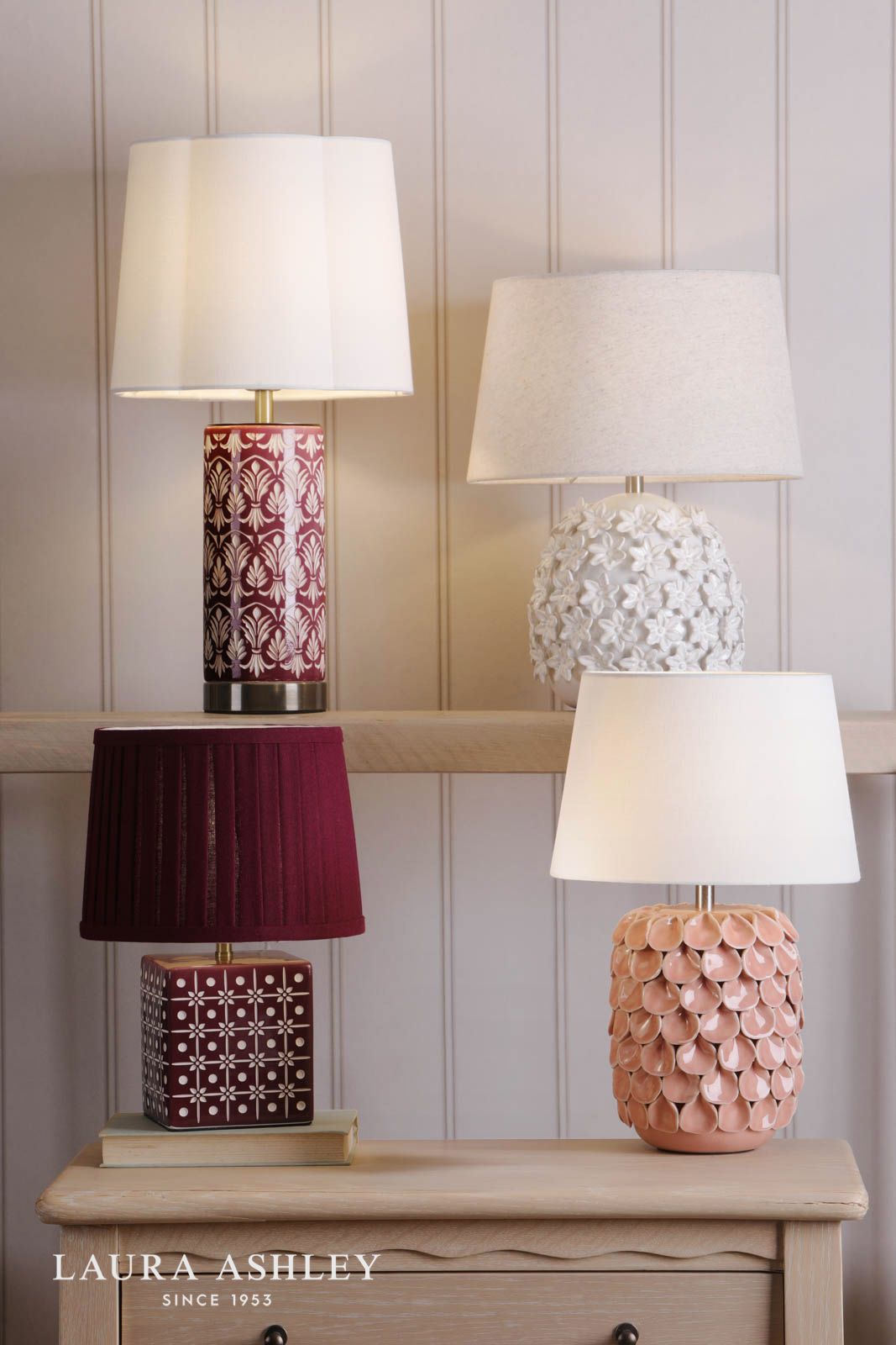 Laura Ashley Marwick Table Lamp Pink Ceramic and Brushed Silver With Shade