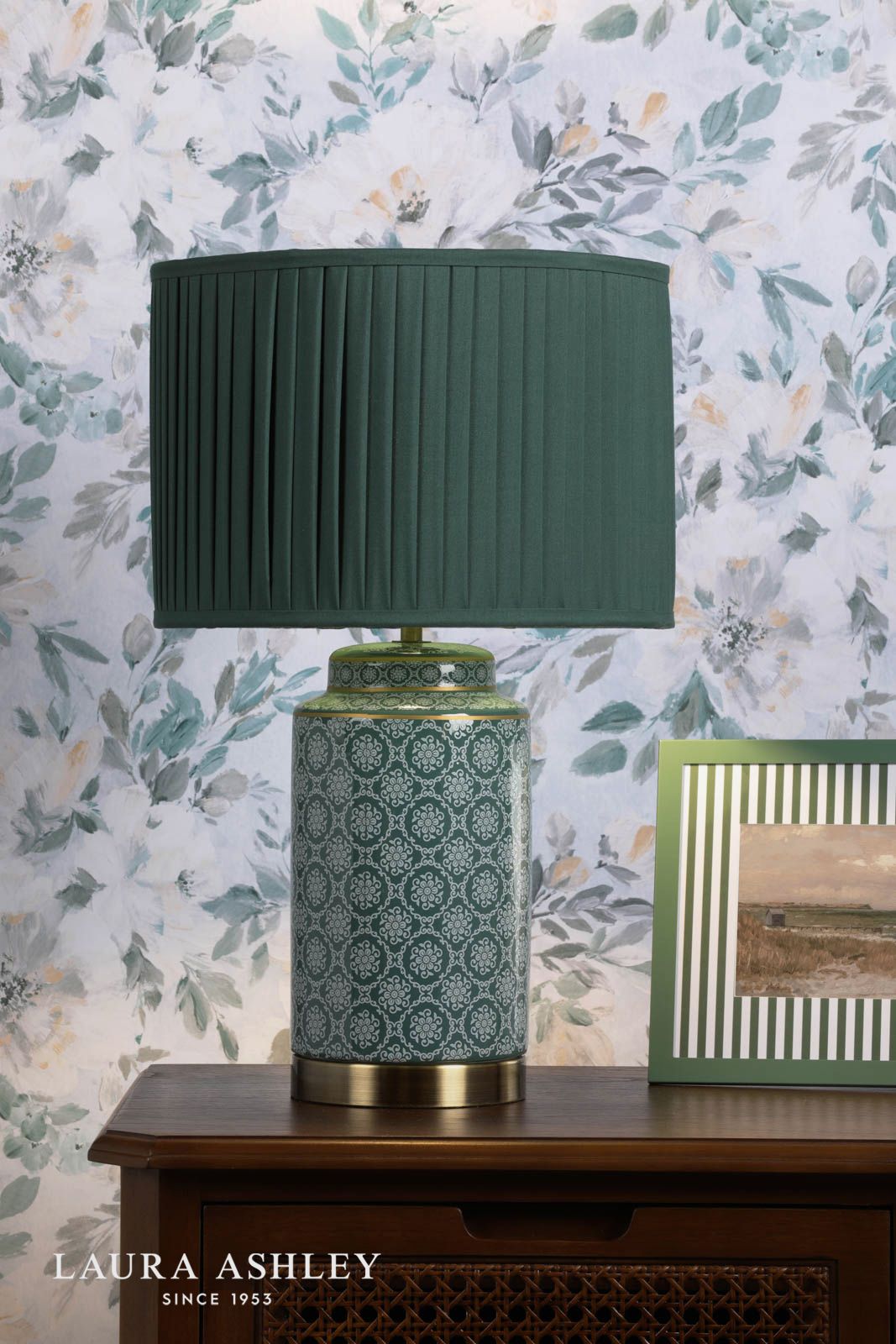 Laura Ashley Knipton Table Lamp Green Ceramic and Antique Brass With Shade