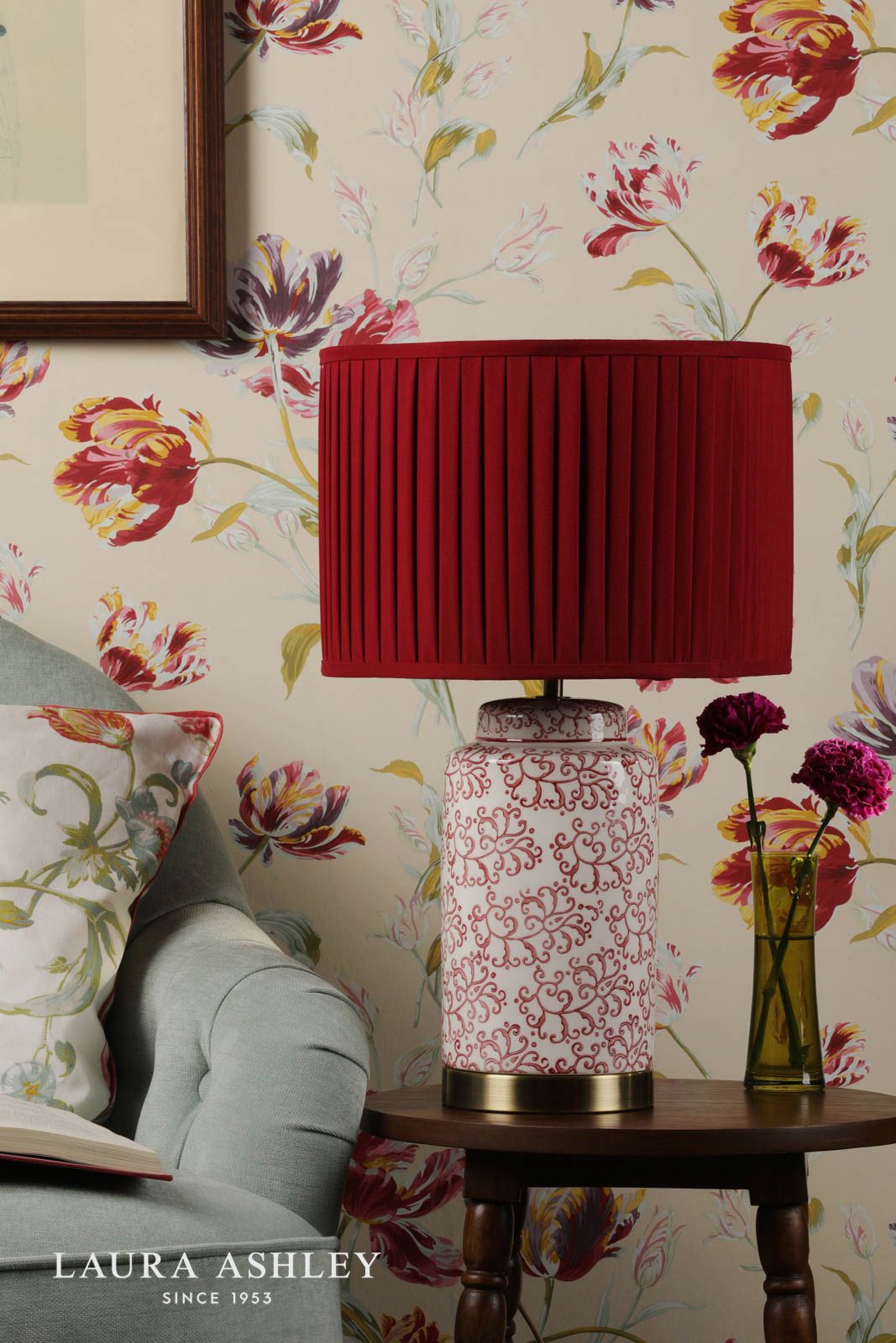 Laura Ashley Knipton Table Lamp Red Ceramic and Antique Brass With Shade