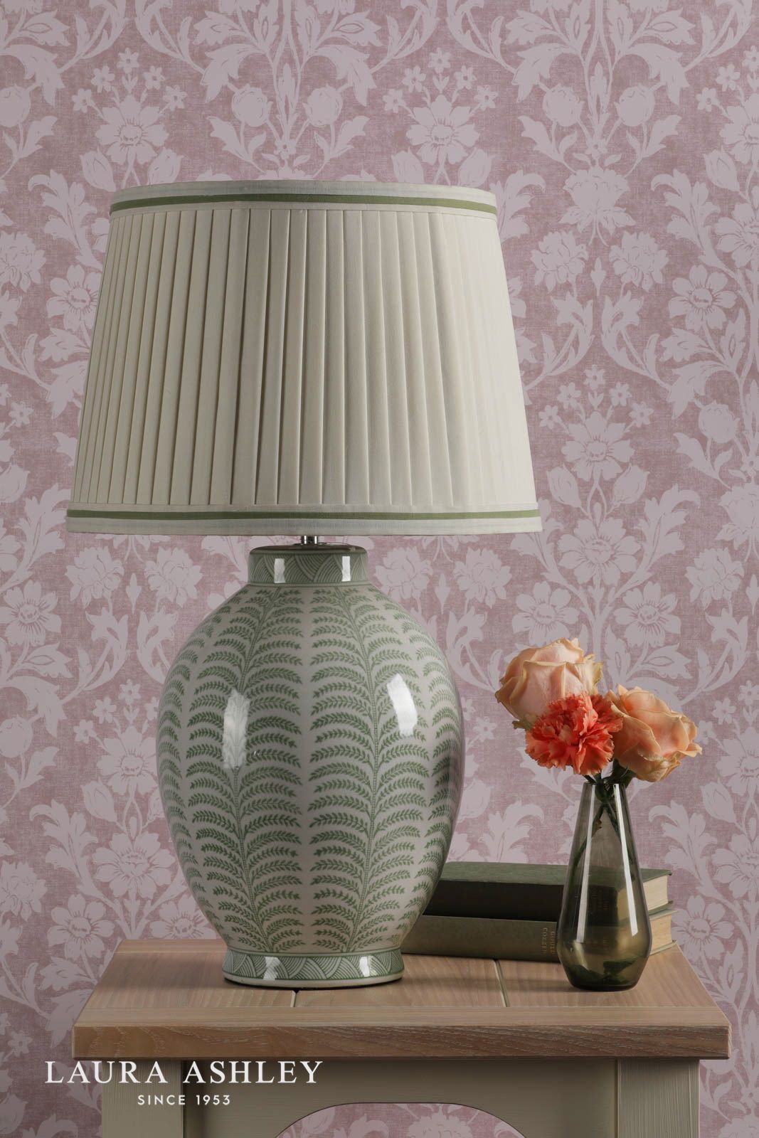 Laura Ashley Stannard Table Lamp Green Ceramic and Polished Chrome With Shade