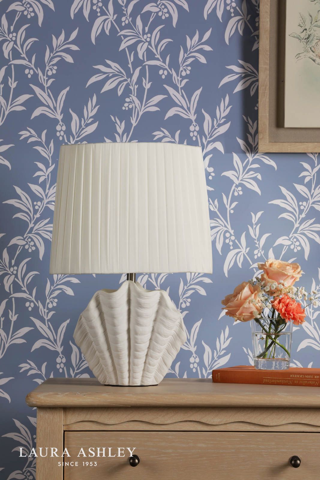 Laura Ashley Shell Table Lamp White Ceramic and Satin Chrome With Shade