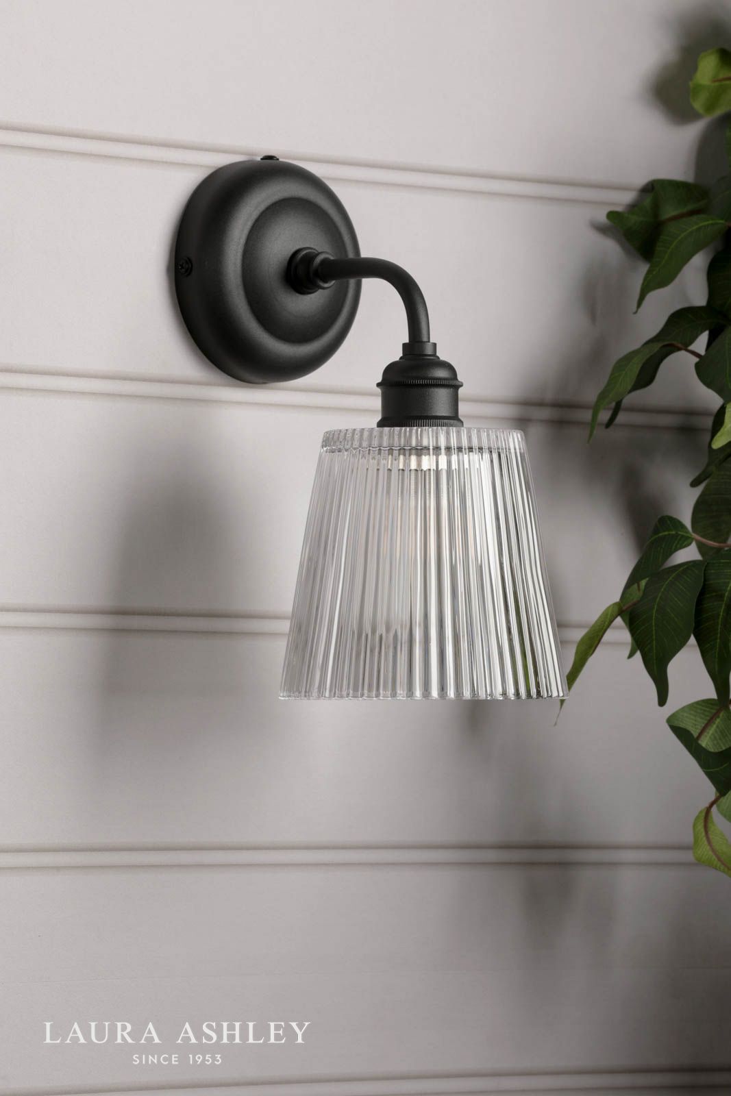 Laura Ashley Callaghan Outdoor Wall Light Matt Black and Ribbed Glass IP44