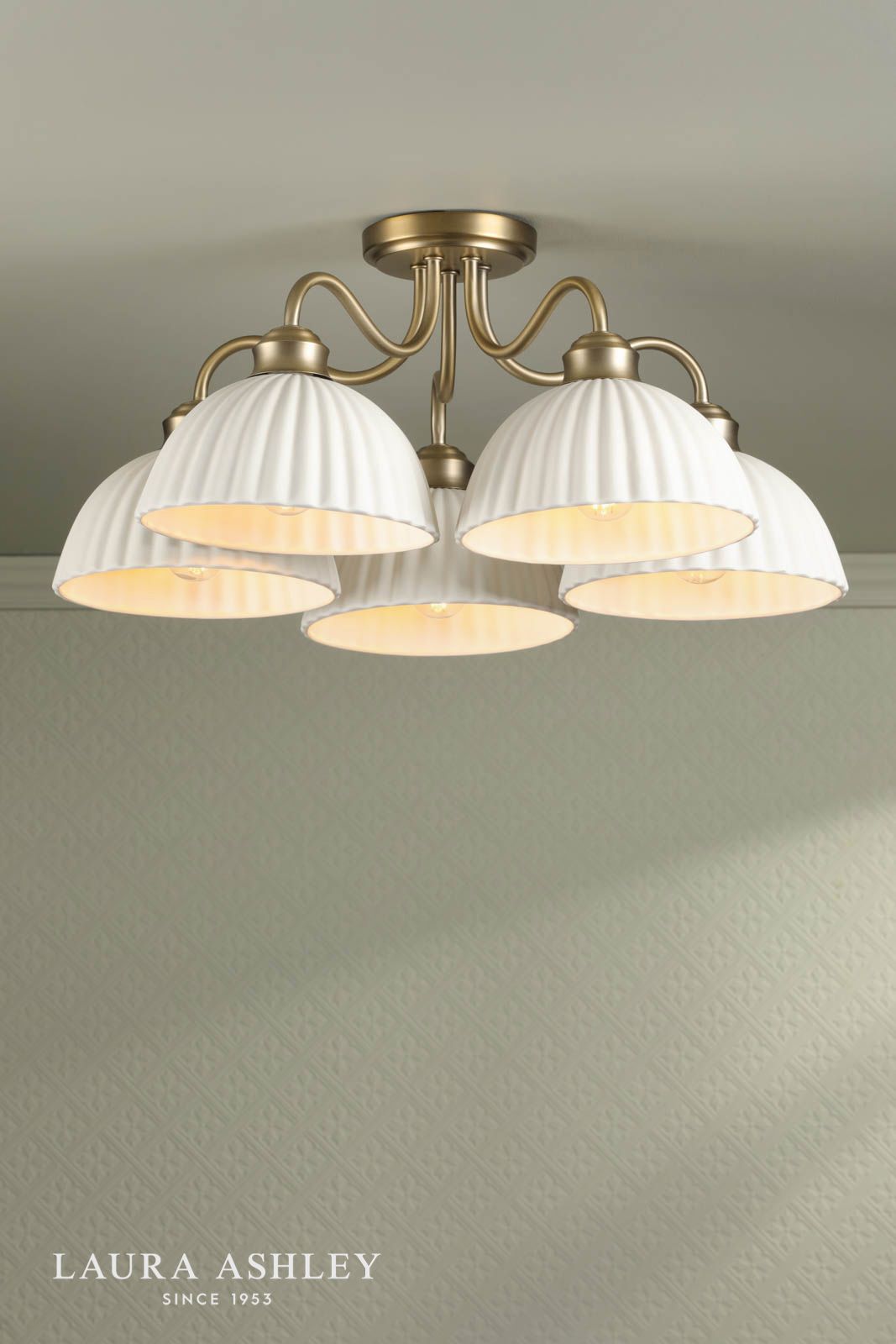 Laura Ashley Durford 5 Light Semi-Flush Matt Antique Brass and White Ceramic