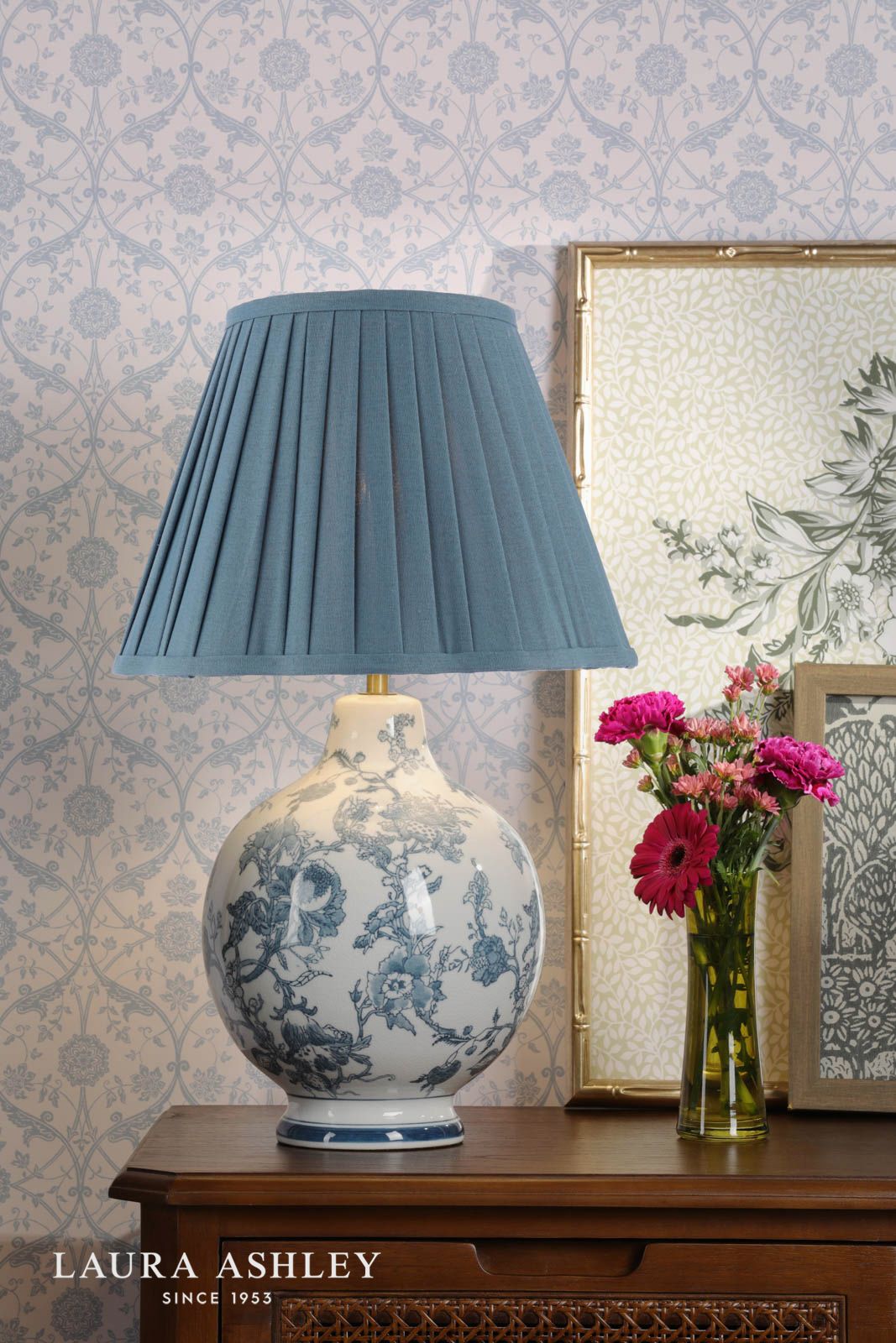 Laura Ashley Maltby Table Lamp Blue Ceramic and Antique Brass With Shade