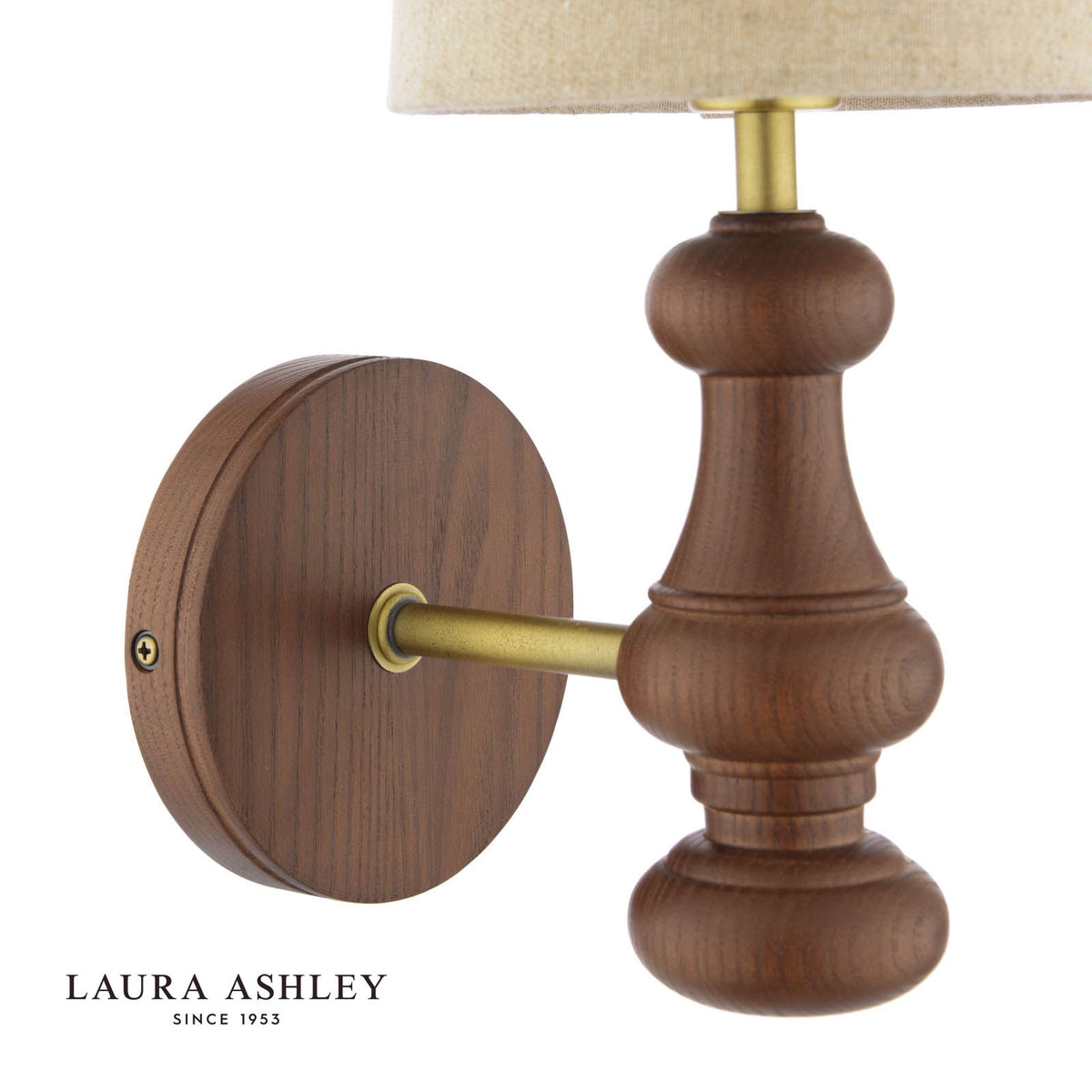 Laura Ashley Millbrook Wall Light Dark Wood and Industrial Brass With Shade