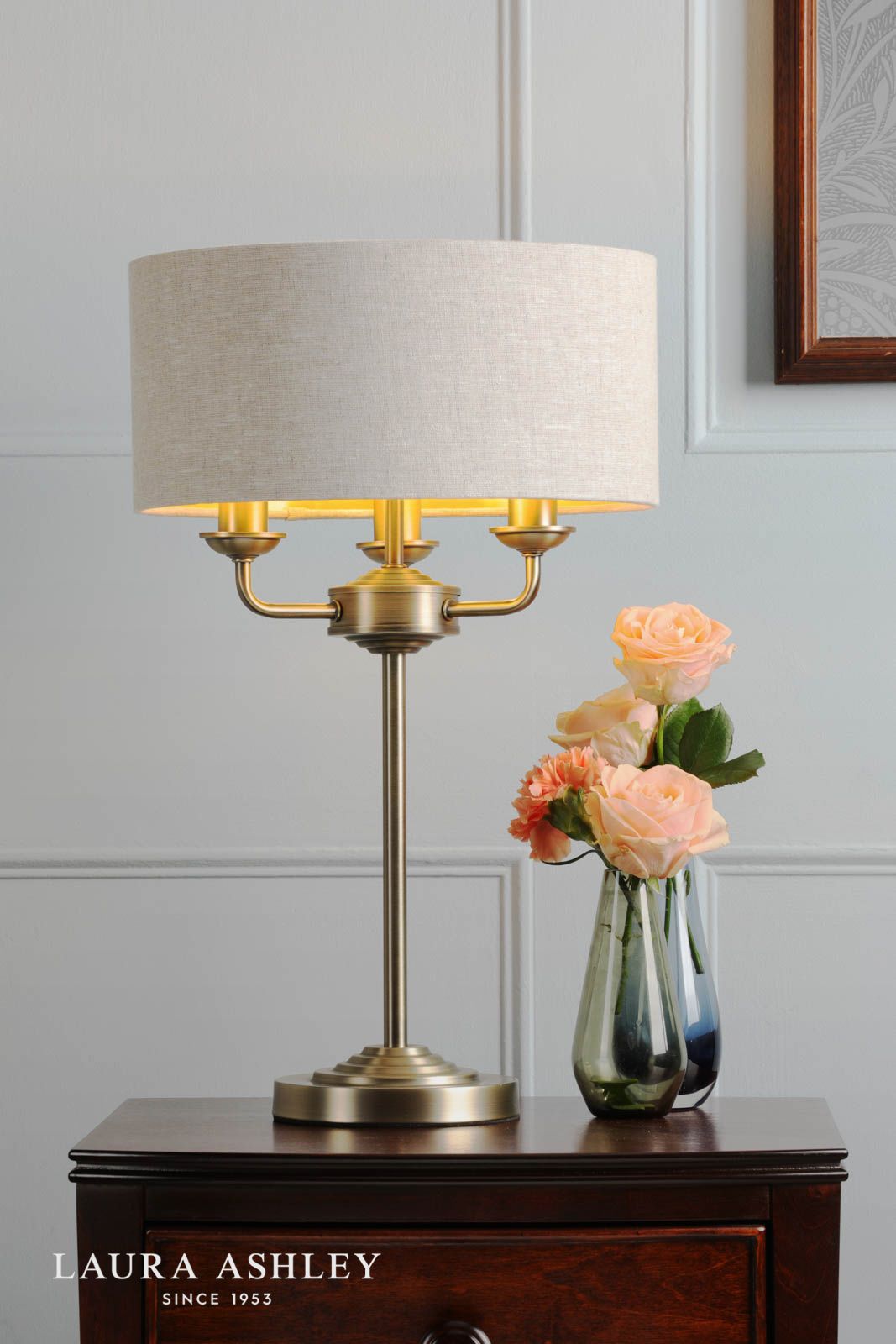 Laura Ashley Sorrento 3 Light Table Lamp Matt Antique Brass With Natural Shade