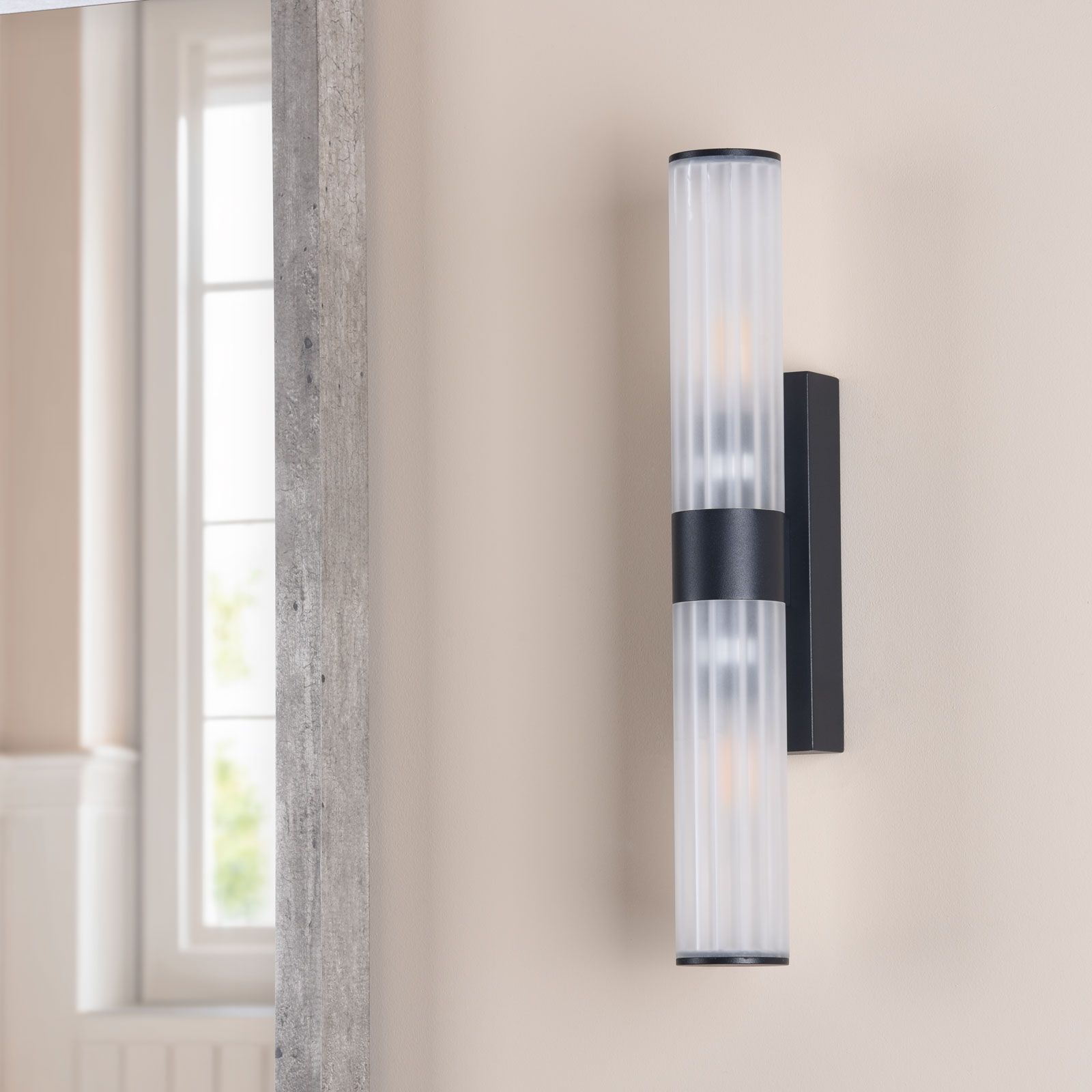 Lars 2 Light Bathroom Wall Light Matt Black and White Frosted Acrylic IP44
