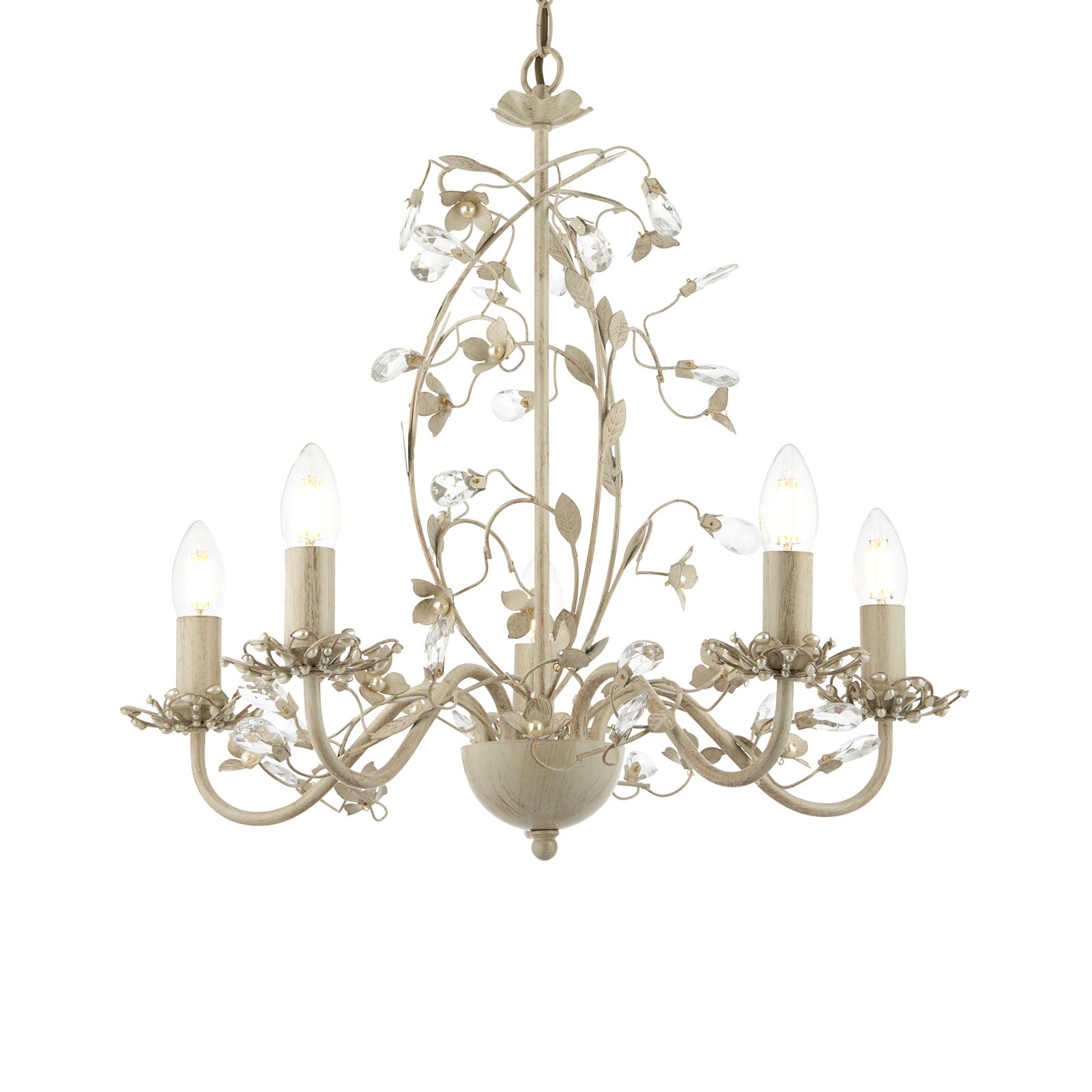 Lullaby 5-Light Gold & Cream Chandelier with Floral Detail & Glass Drops (Dimmable)