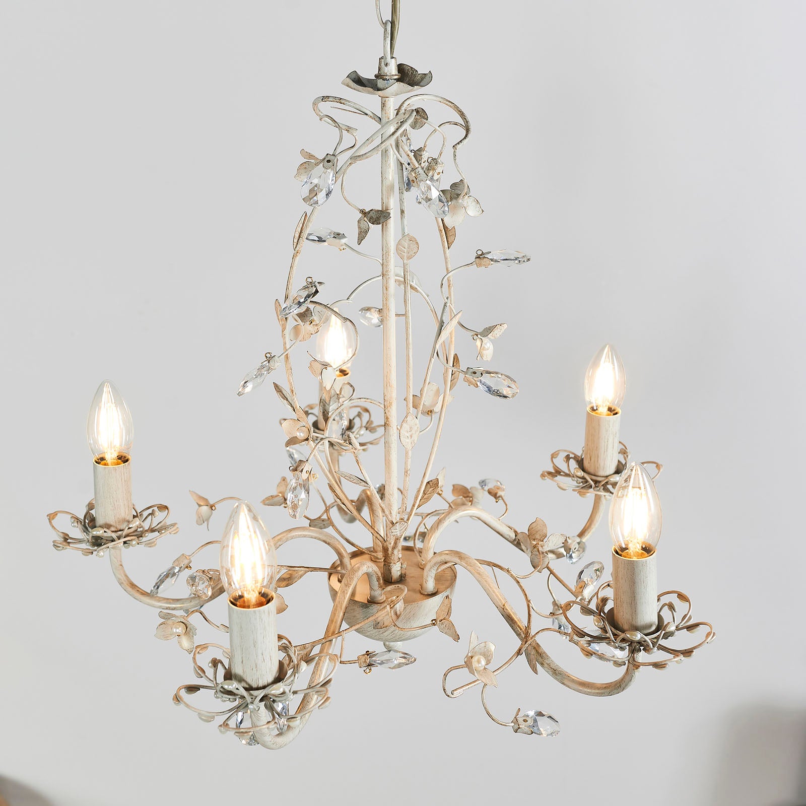 Lullaby 5-Light Gold & Cream Chandelier with Floral Detail & Glass Drops (Dimmable)