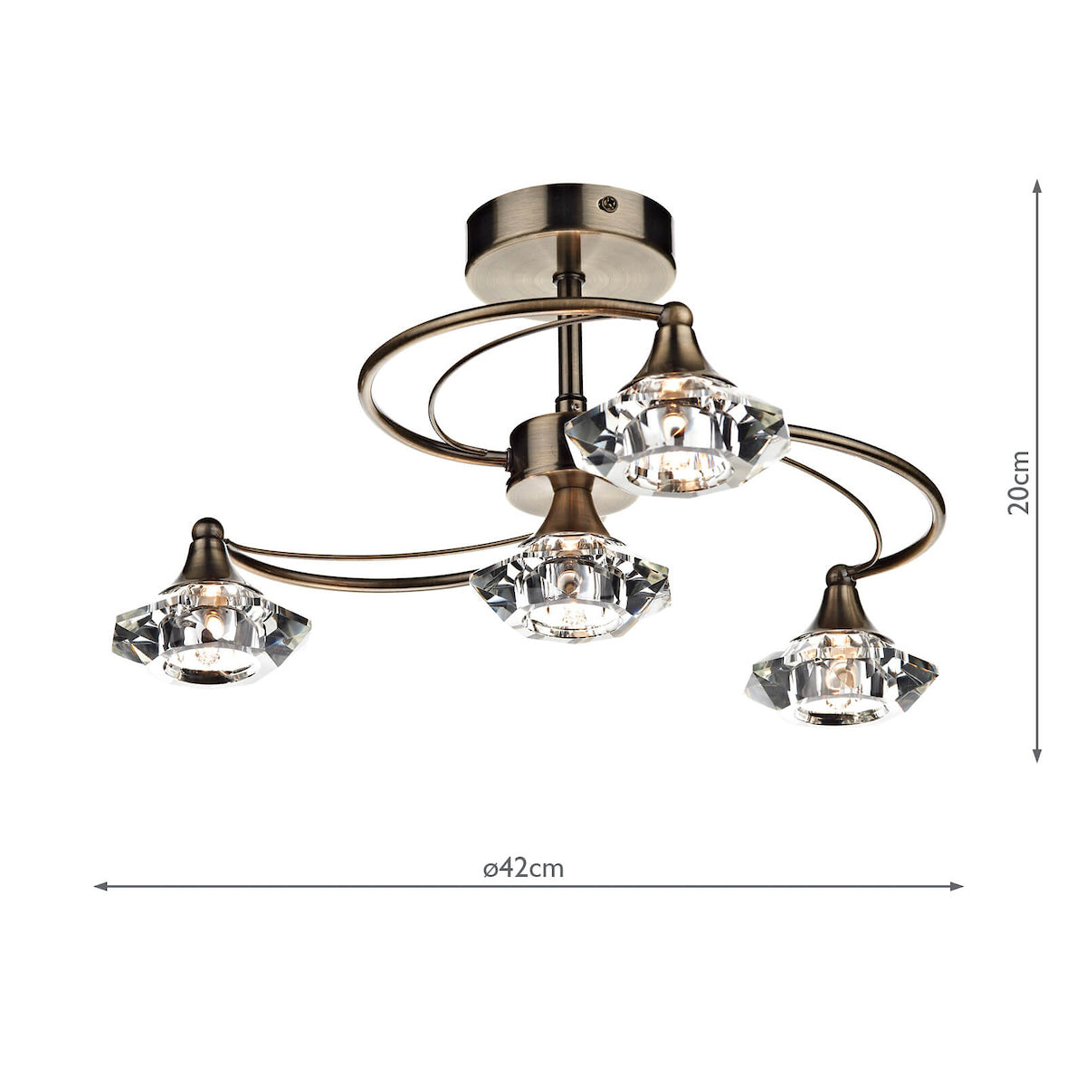 Luther 4 Light Semi Flush Antique Brass Crystal