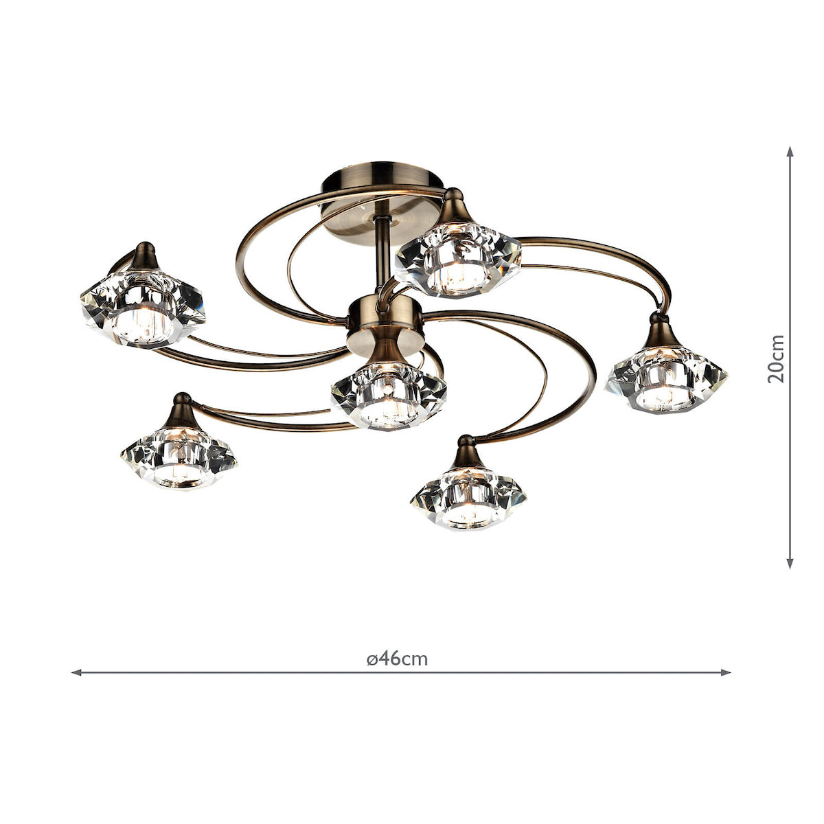 Luther 6 Light Semi Flush Antique Brass Crystal