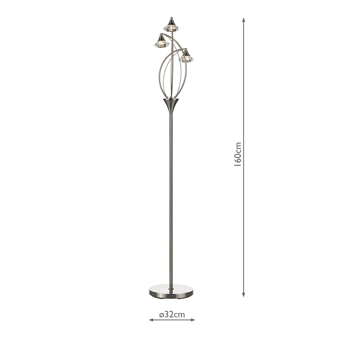 Luther 3 Light Floor Lamps Satin Chrome Crystal