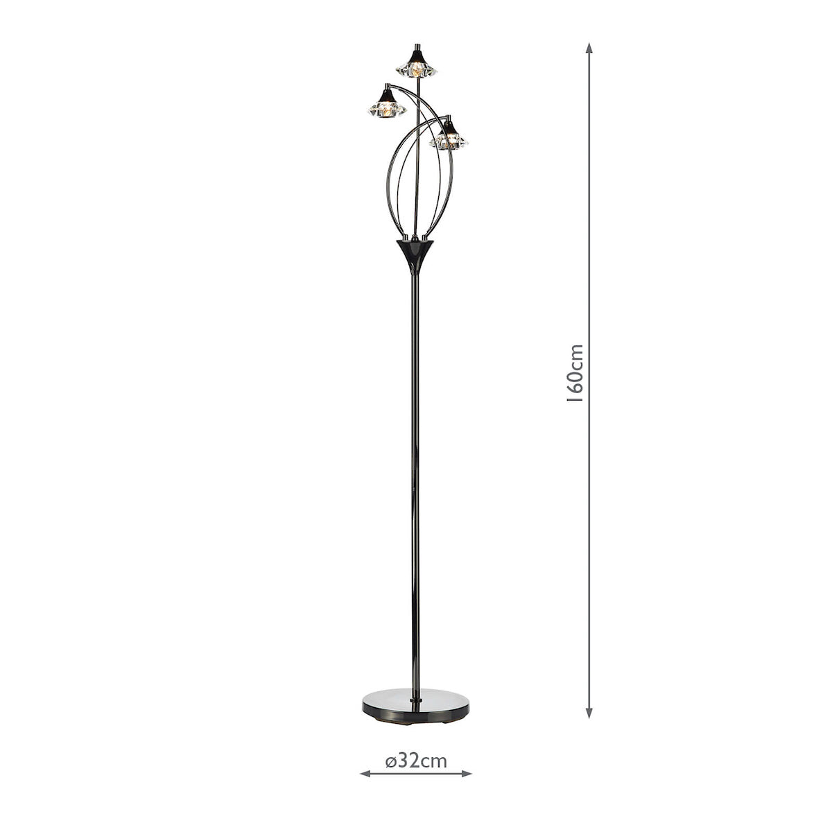 Luther 3 Light Floor Lamps Black Chrome Crystal