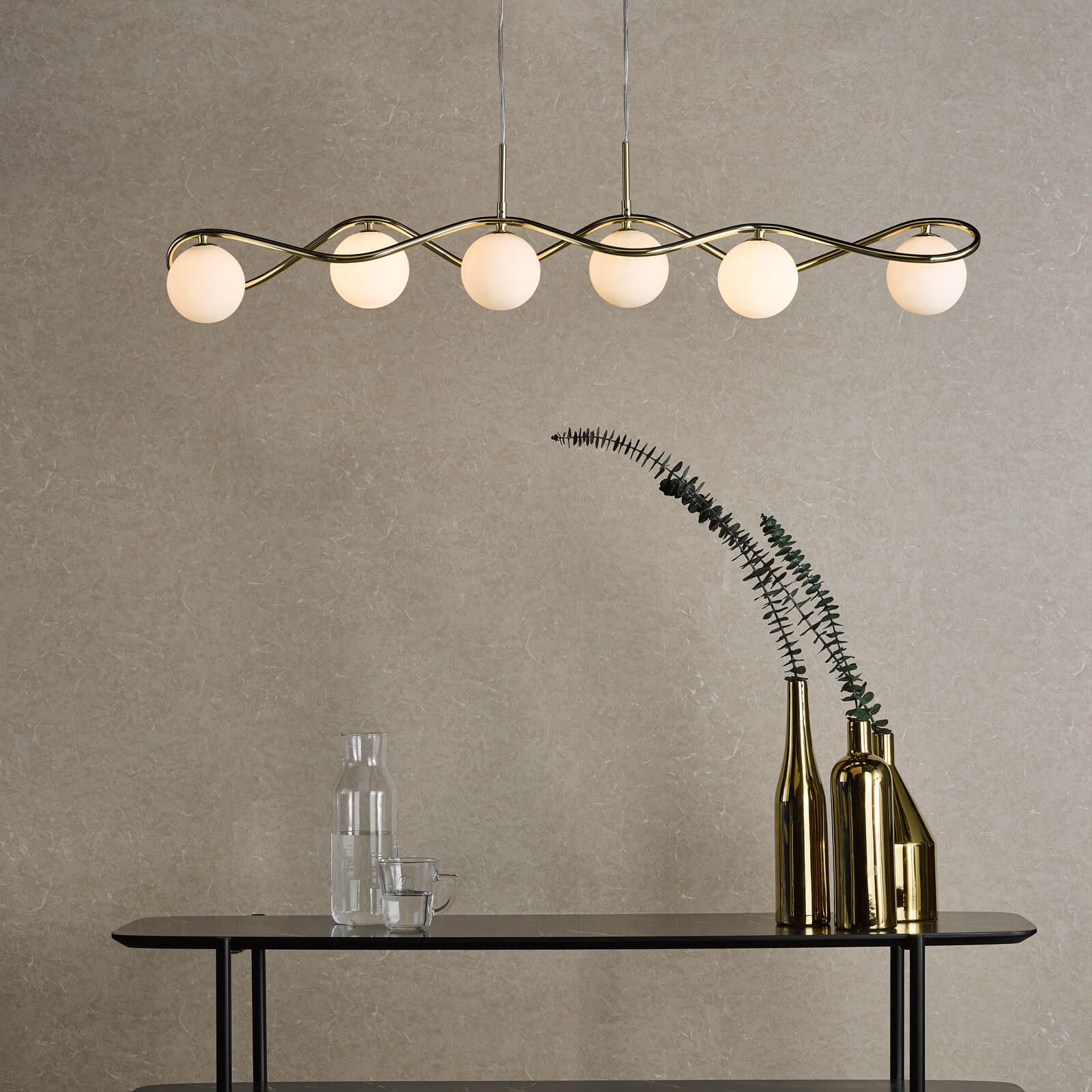 Gold 6 light bar pendant with opal glass shades