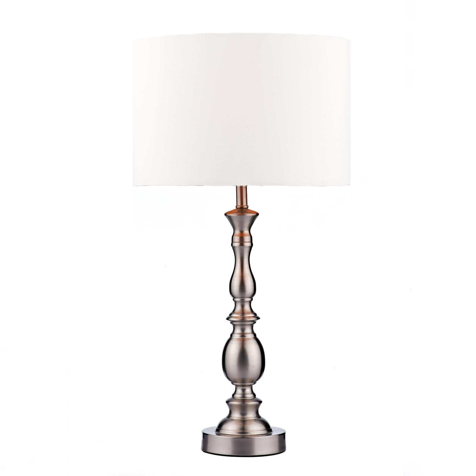 Satin chrome table lamp with fabric shade on white background