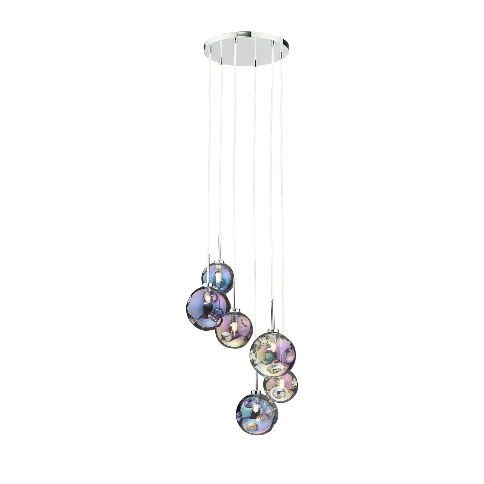 Mira 6 Light Cluster Pendant Polished Chrome Iridised Glass
