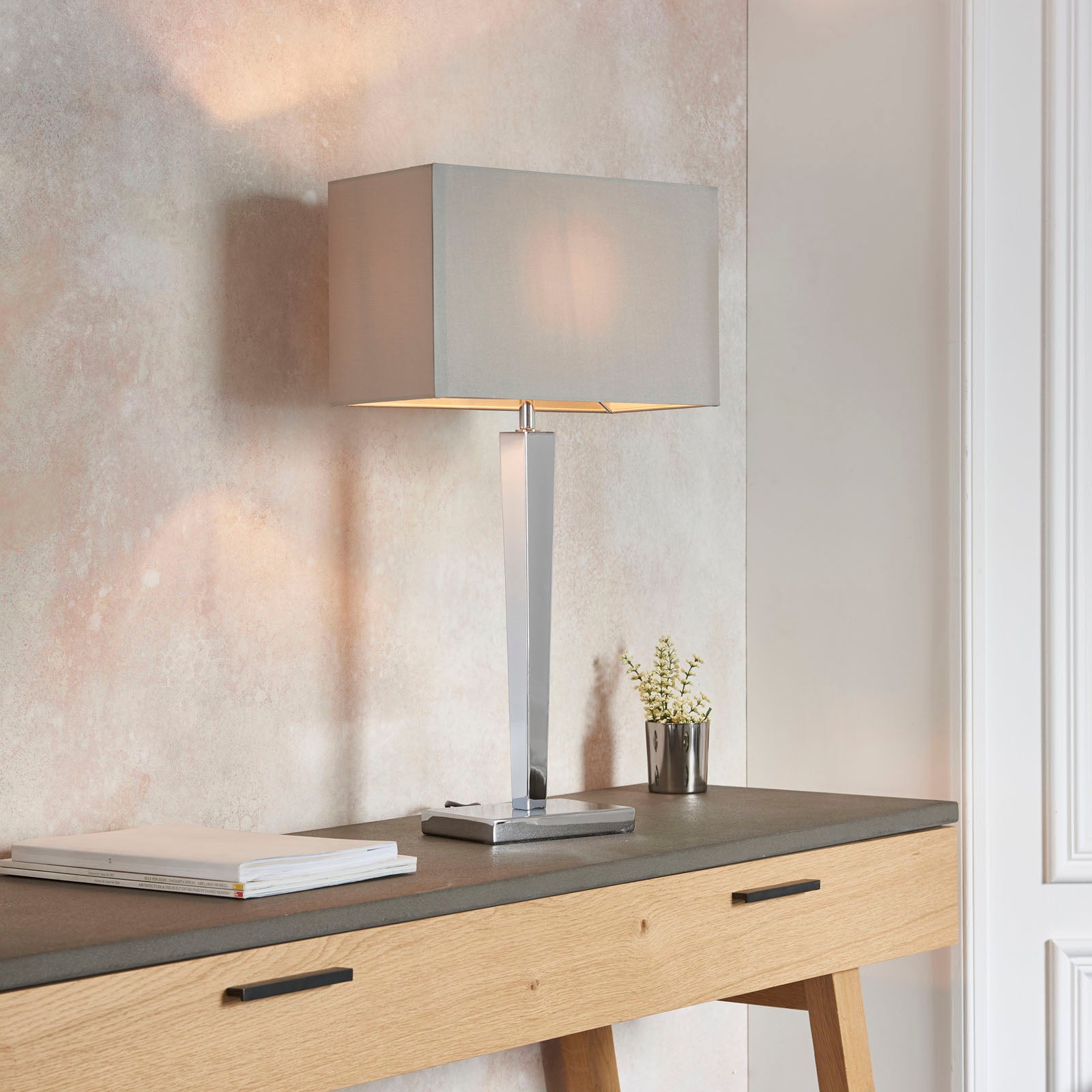 Moreto 1-Light Chrome Table Lamp with Grey Faux Silk Shade