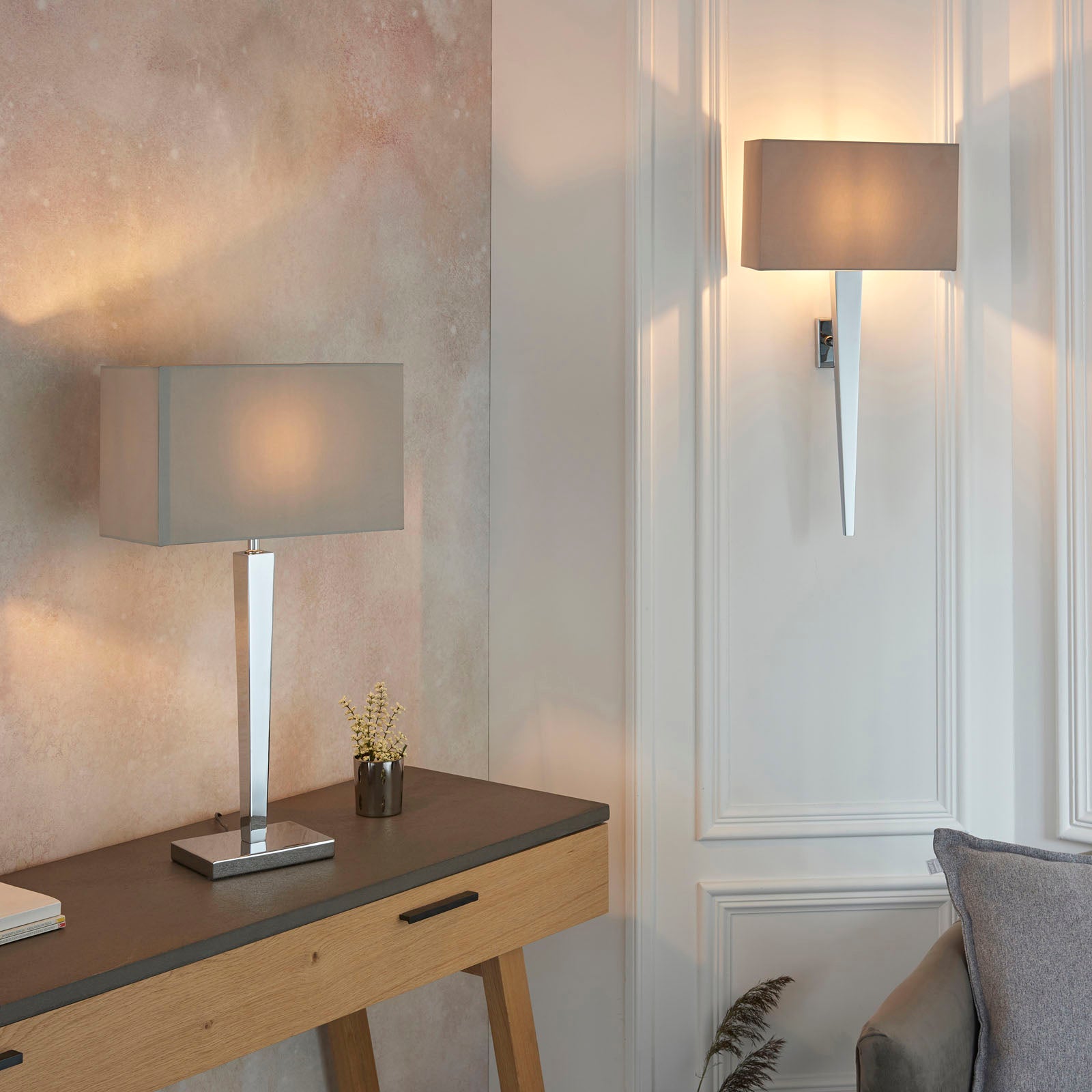 Moreto 1-Light Chrome Table Lamp with Grey Faux Silk Shade