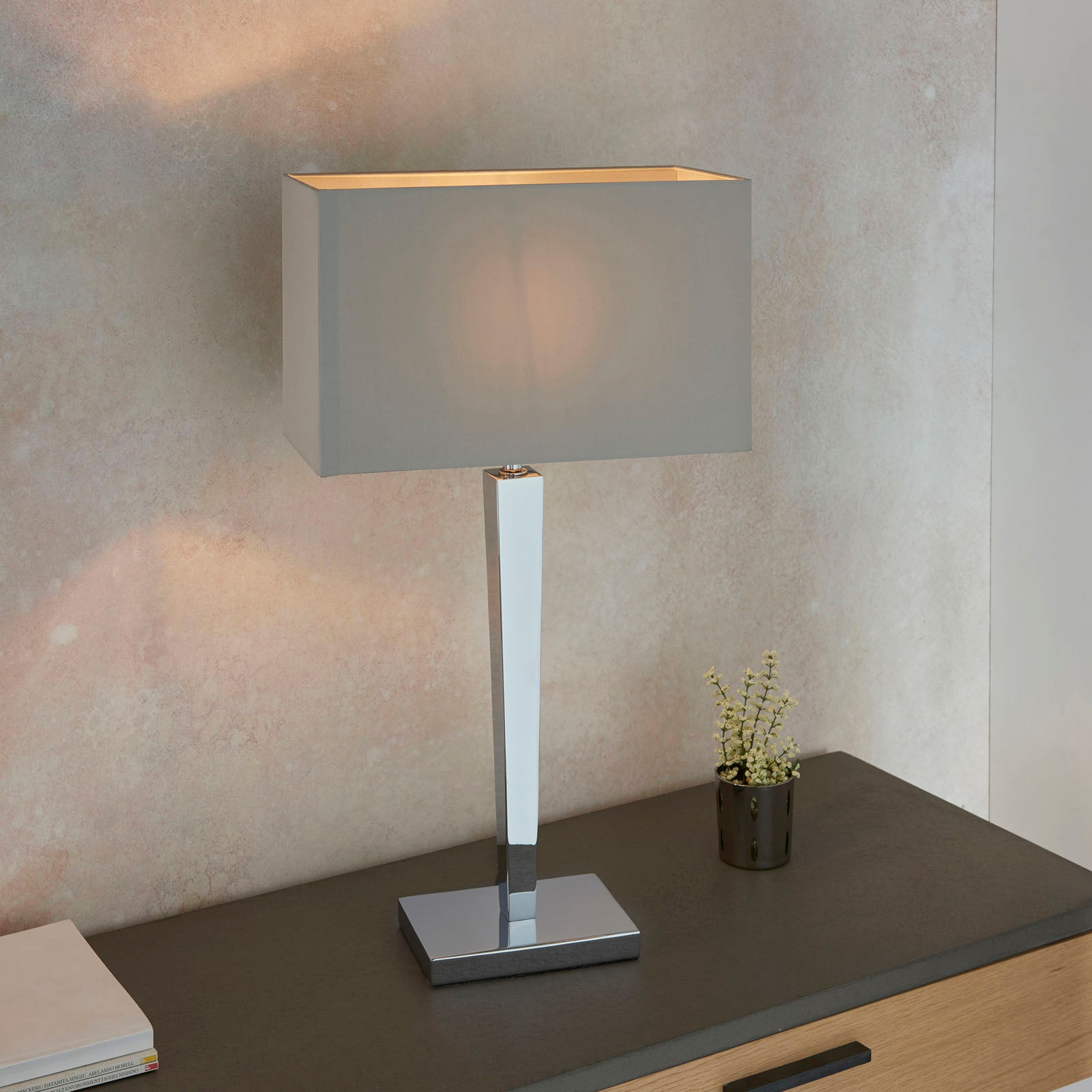 Moreto 1-Light Chrome Table Lamp with Grey Faux Silk Shade
