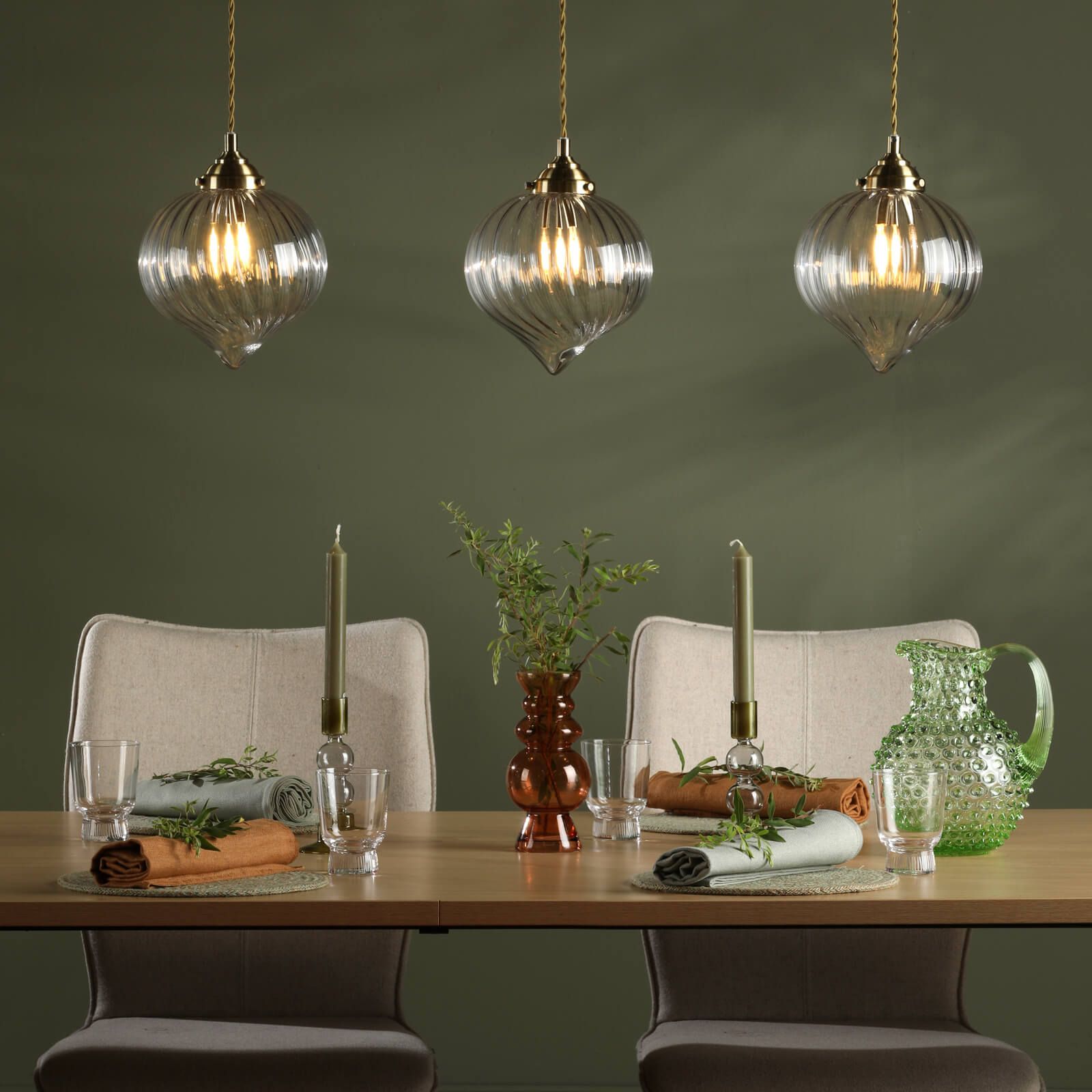 Antique brass 3 light bar pendant with ribbed glass shades