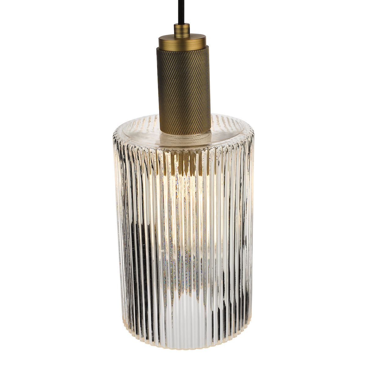 Nikolas Pendant Natural Solid Brass Ribbed Cylinder Glass