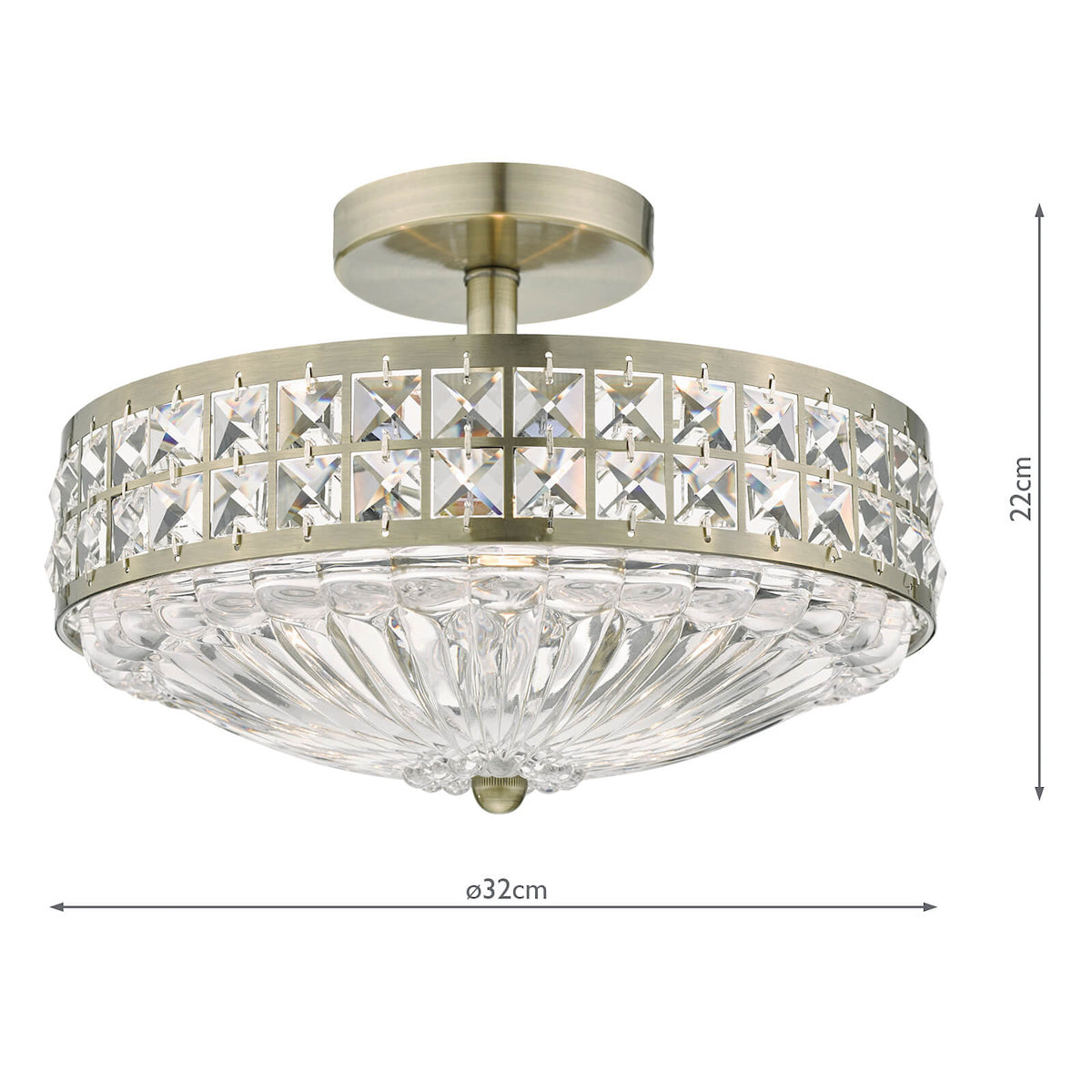 Olona 3L Light Semi Flush Antique Brass Crystal Beads and Glass Diffuser