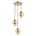 DAR Ophira 3 Light Cluster Pendant Antique Gold Amber Ribbed Glass