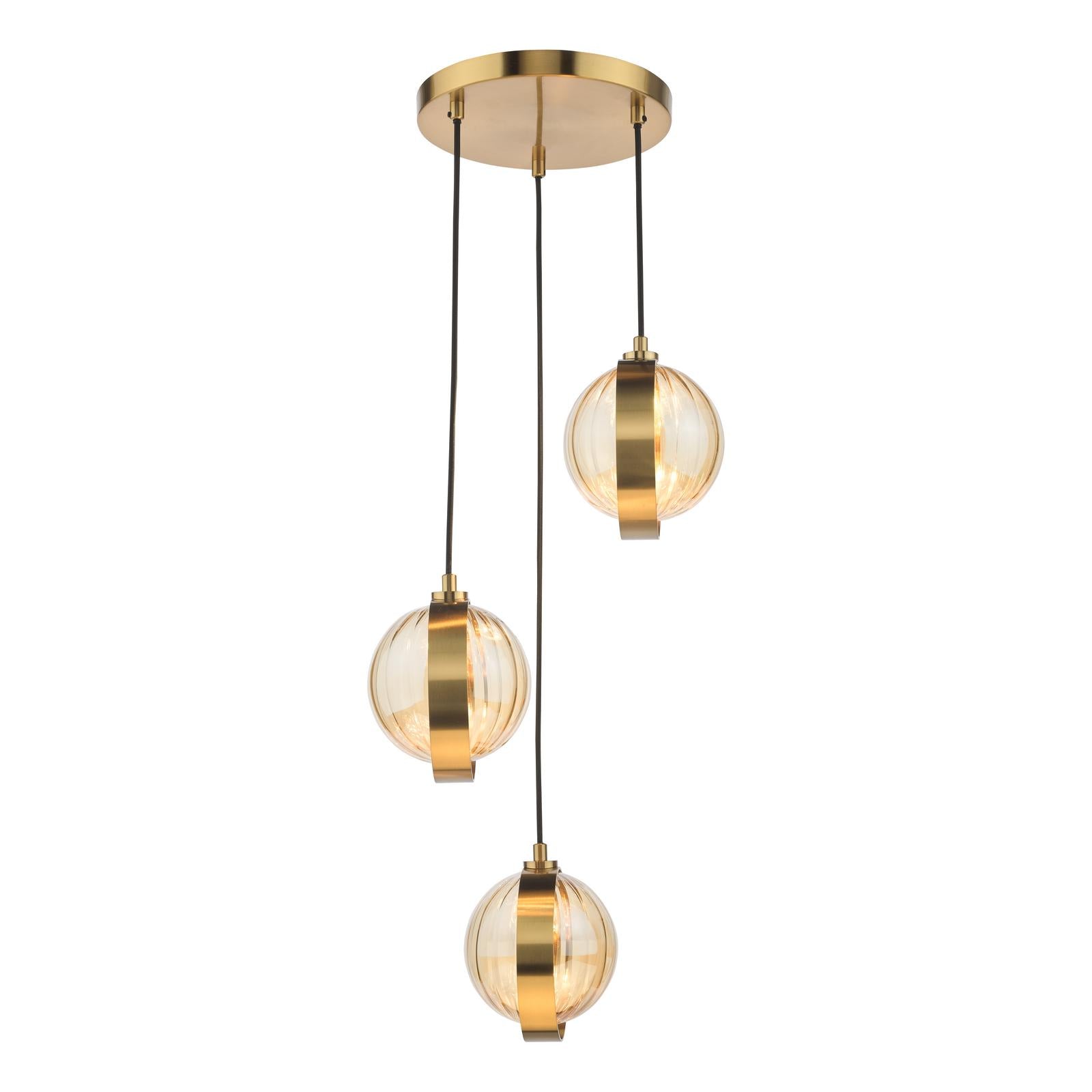 DAR Ophira 3 Light Cluster Pendant Antique Gold Amber Ribbed Glass