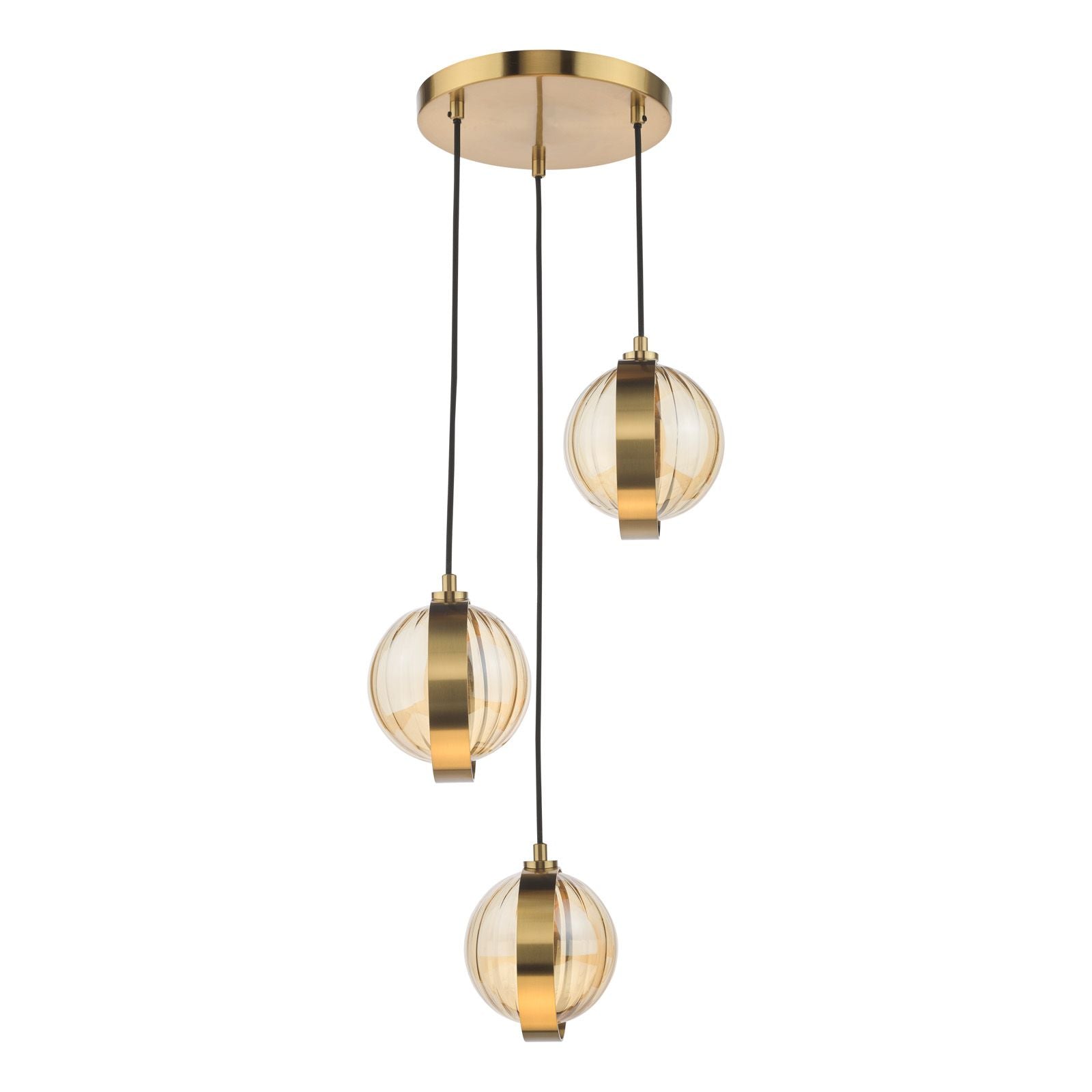 DAR Ophira 3 Light Cluster Pendant Antique Gold Amber Ribbed Glass