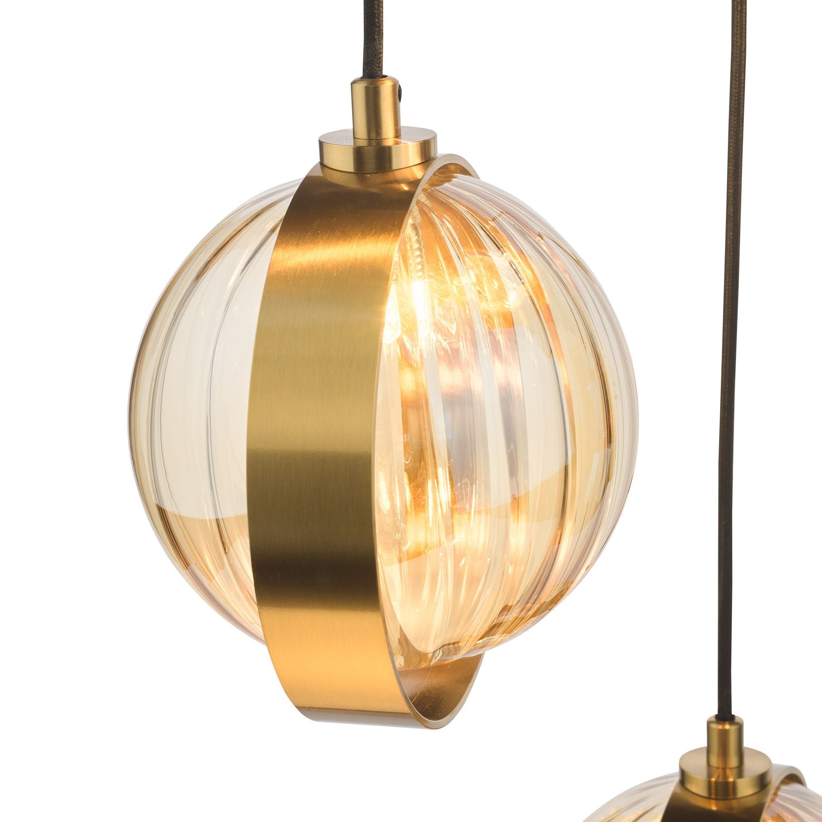 DAR Ophira 3 Light Cluster Pendant Antique Gold Amber Ribbed Glass