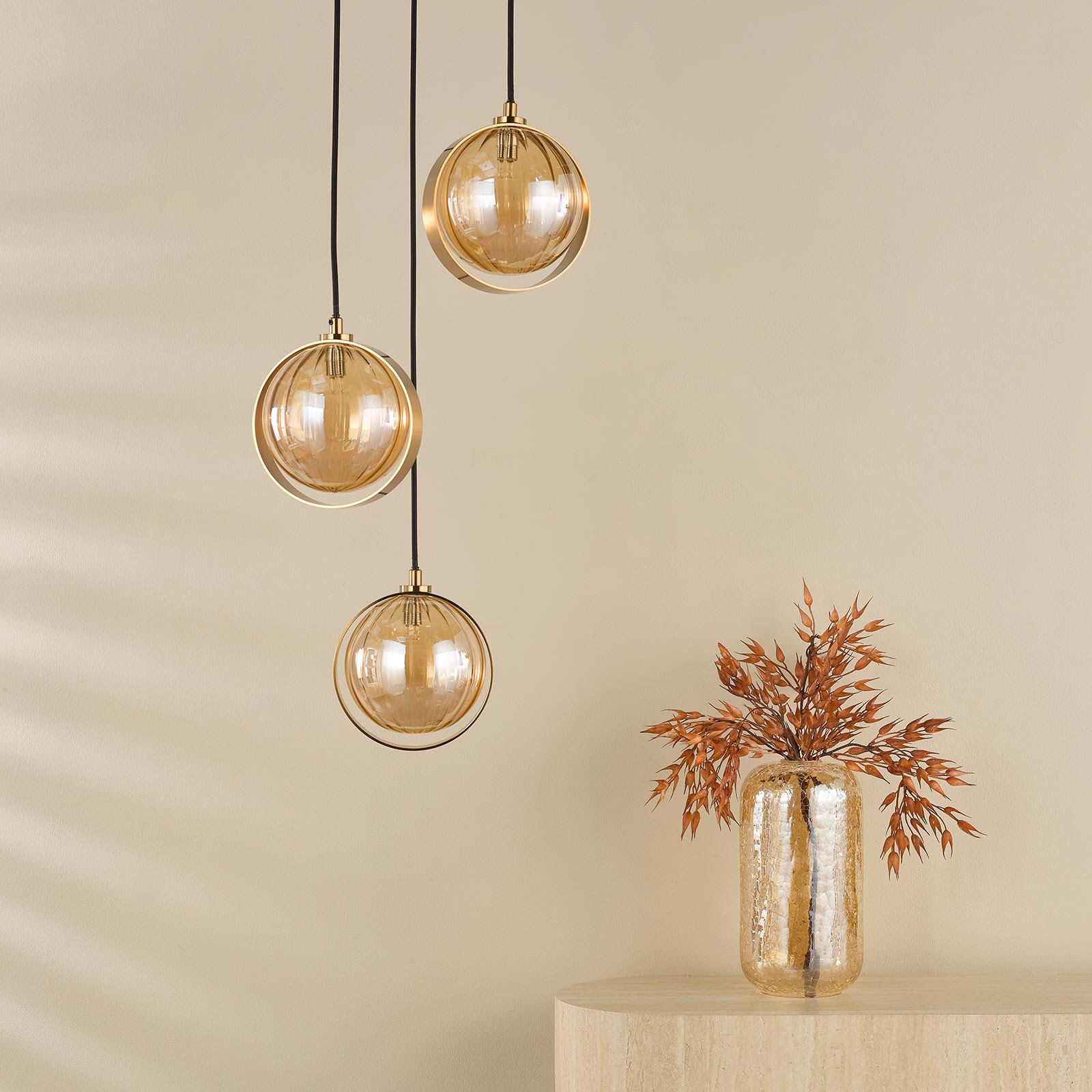 3 light pendant cluster with ribbed glass shades