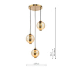 DAR Ophira 3 Light Cluster Pendant Antique Gold Amber Ribbed Glass