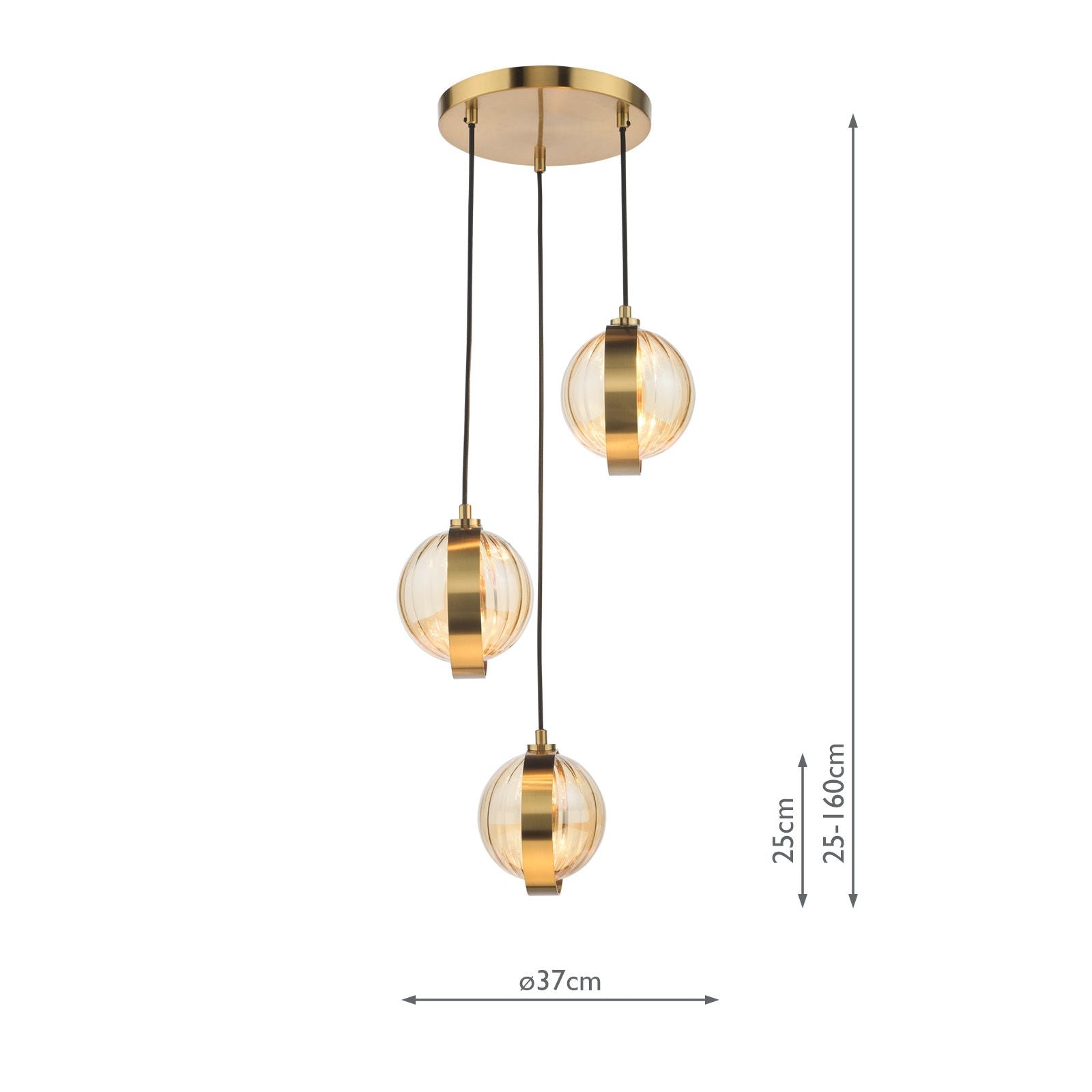DAR Ophira 3 Light Cluster Pendant Antique Gold Amber Ribbed Glass